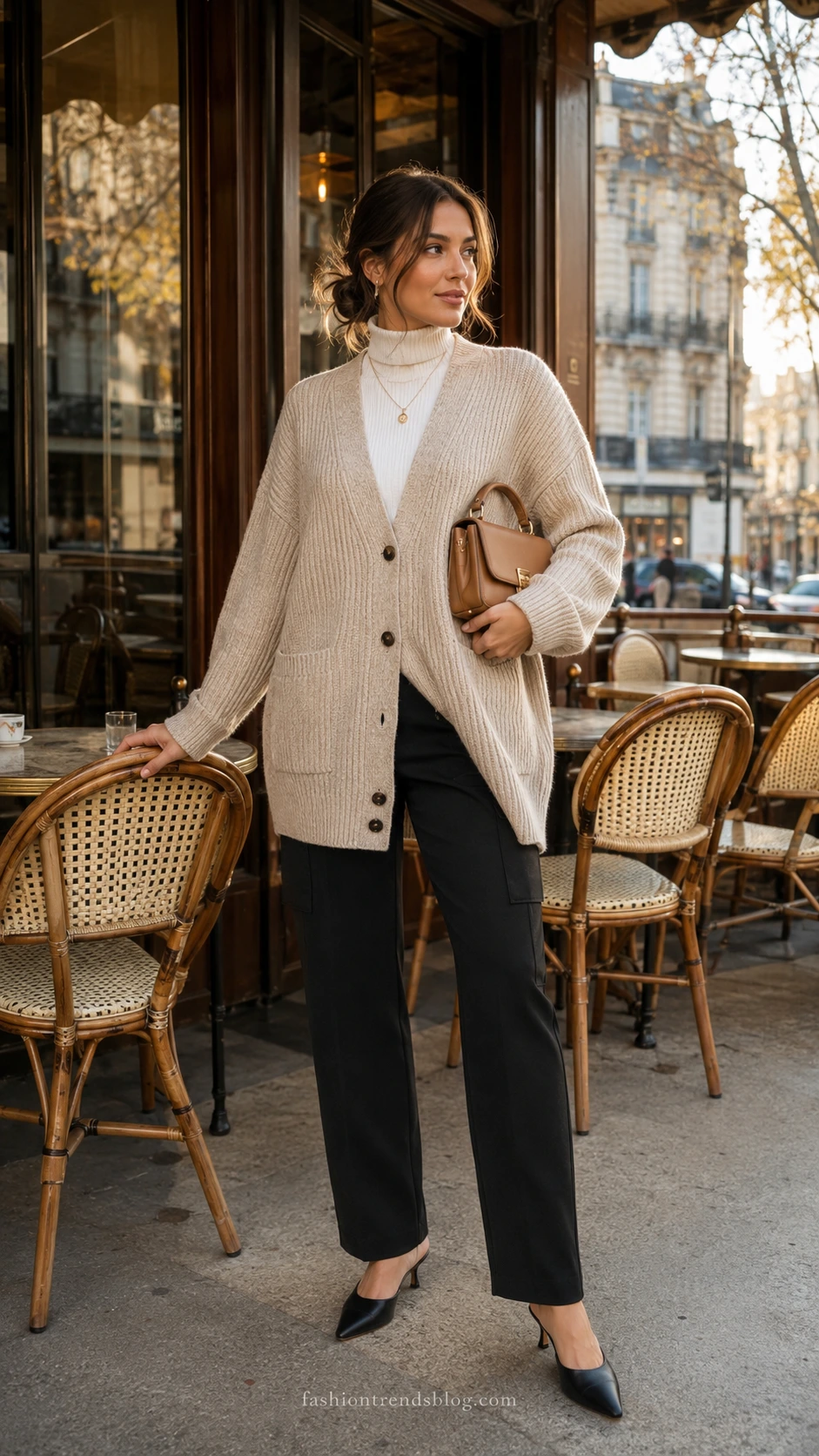 Woman wearing oversized oatmeal ribbed cardigan with black cargo pants at a sunlit European café terrace, showing how to style casual layered outfits