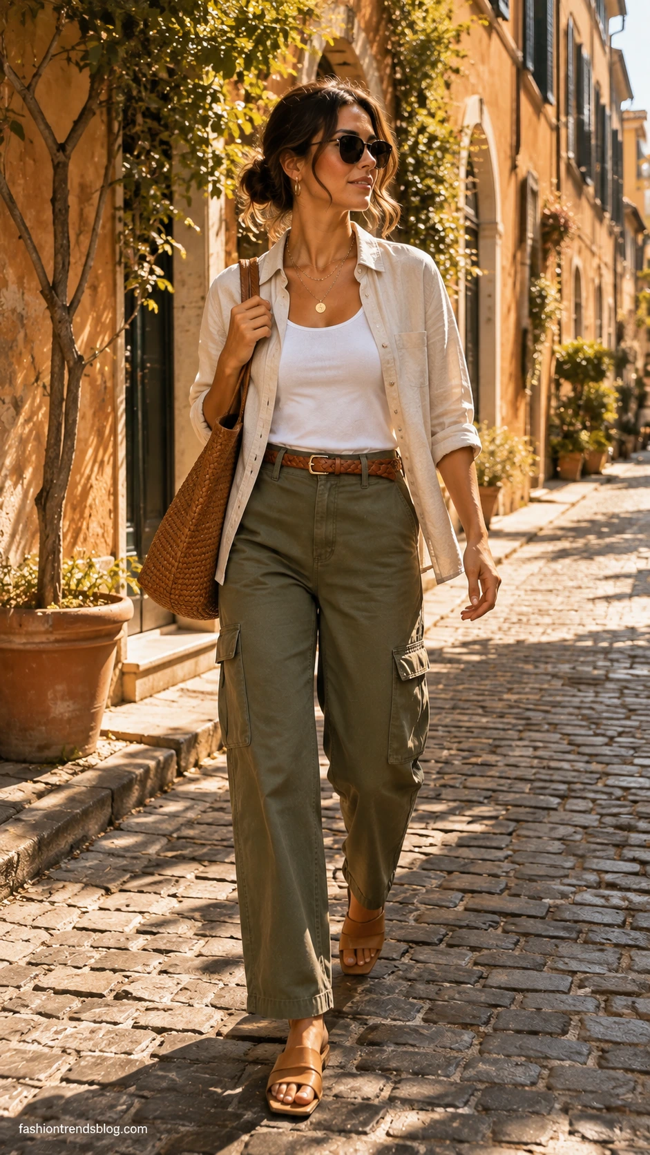 Woman in olive green cargo pants and unbuttoned linen shirt walking a sunlit cobblestone street, showing how cargo pants summer outfits can look effortlessly chic