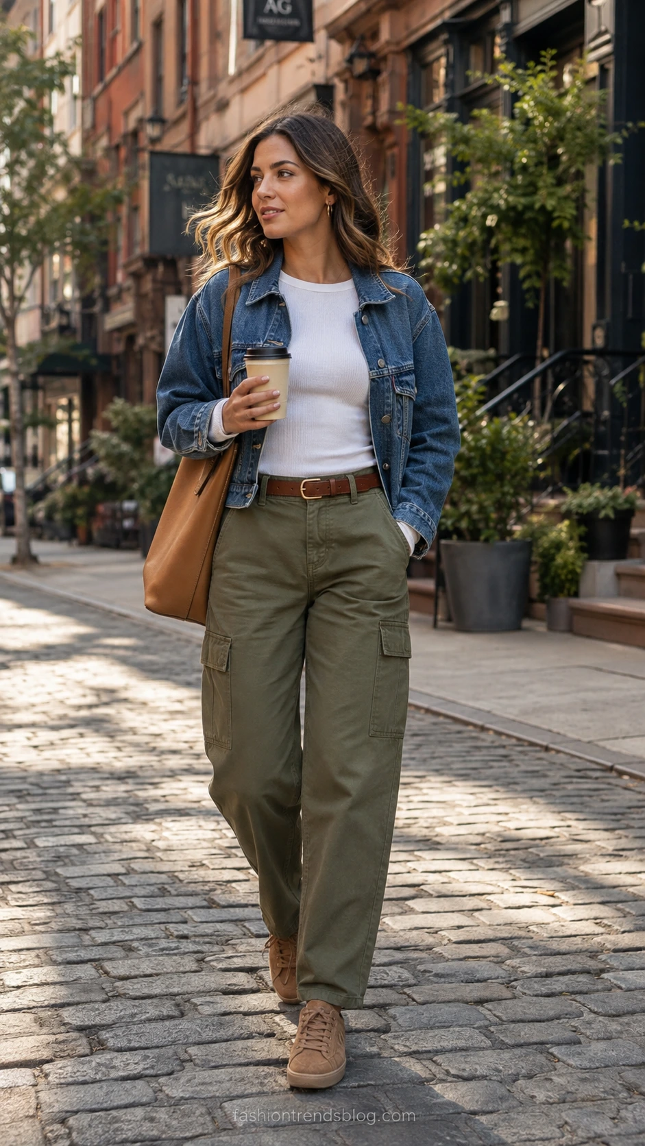 Woman in olive cargo pants and denim jacket walking cobblestone street with tote bag and coffee cup on a sunny day