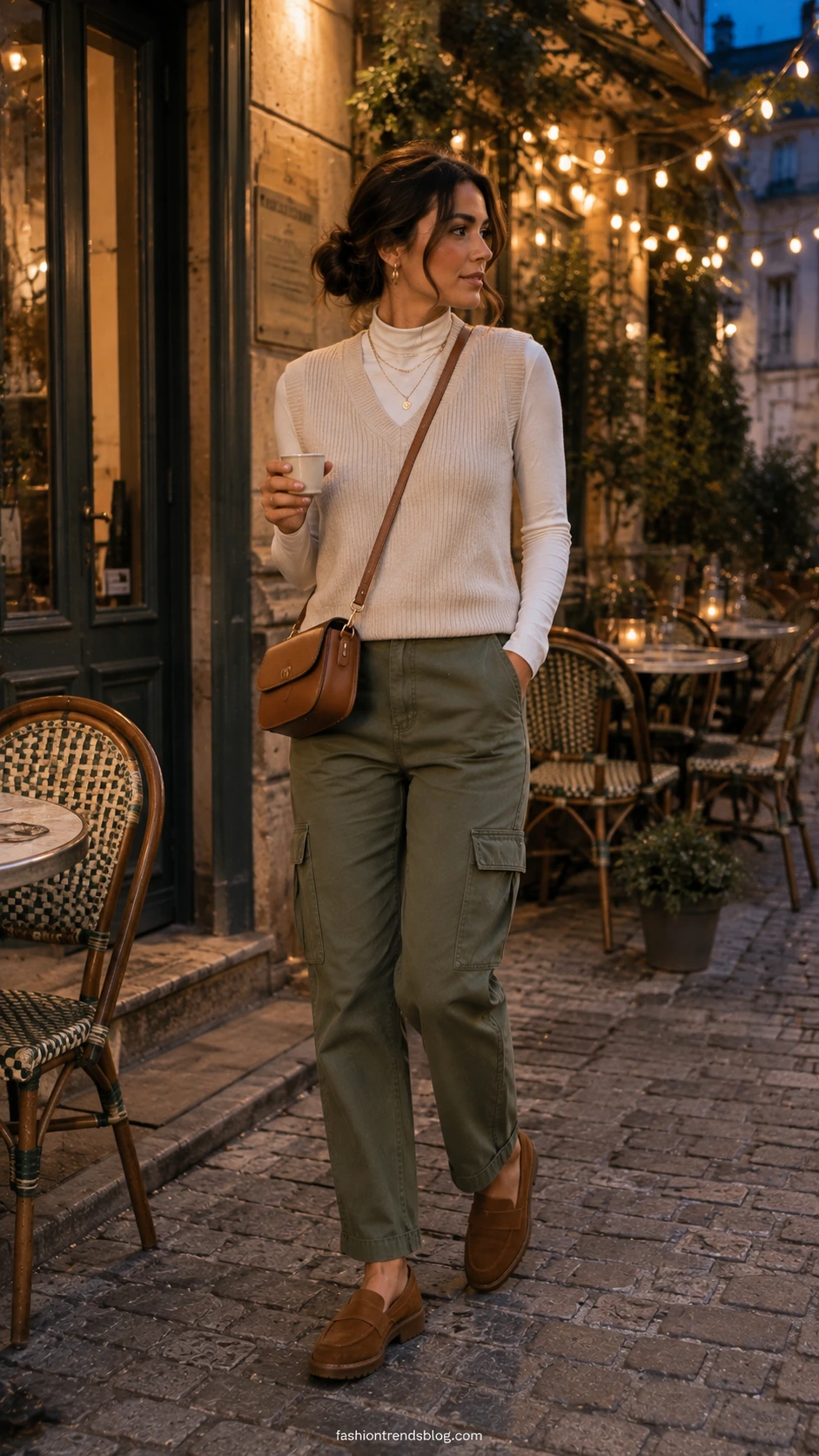 Woman wearing olive cargo pants and a knit vest on a warmly lit European café terrace, a cool-weather summer evening outfit that actually works