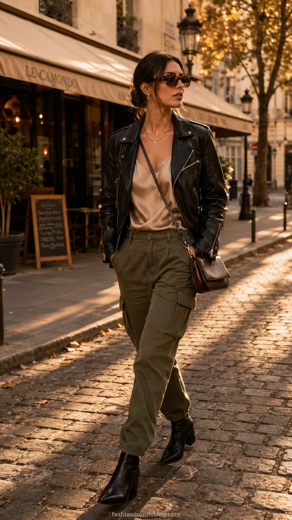 Woman in olive green cargo pants, silk slip top, and leather jacket walking confidently on sun-lit cobblestone street — effortless cargo pants outfit street style