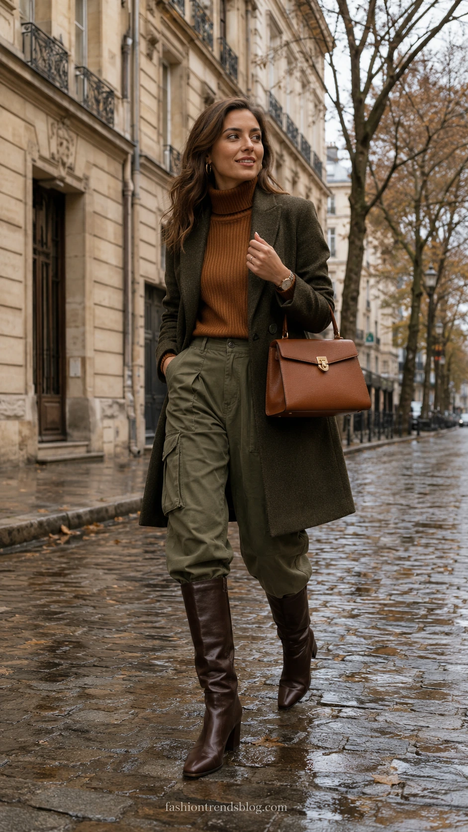 Cargo pants tucked into tall brown boots on rain-wet cobblestones, a transitional summer-to-fall street style outfit that bridges seasons effortlessly