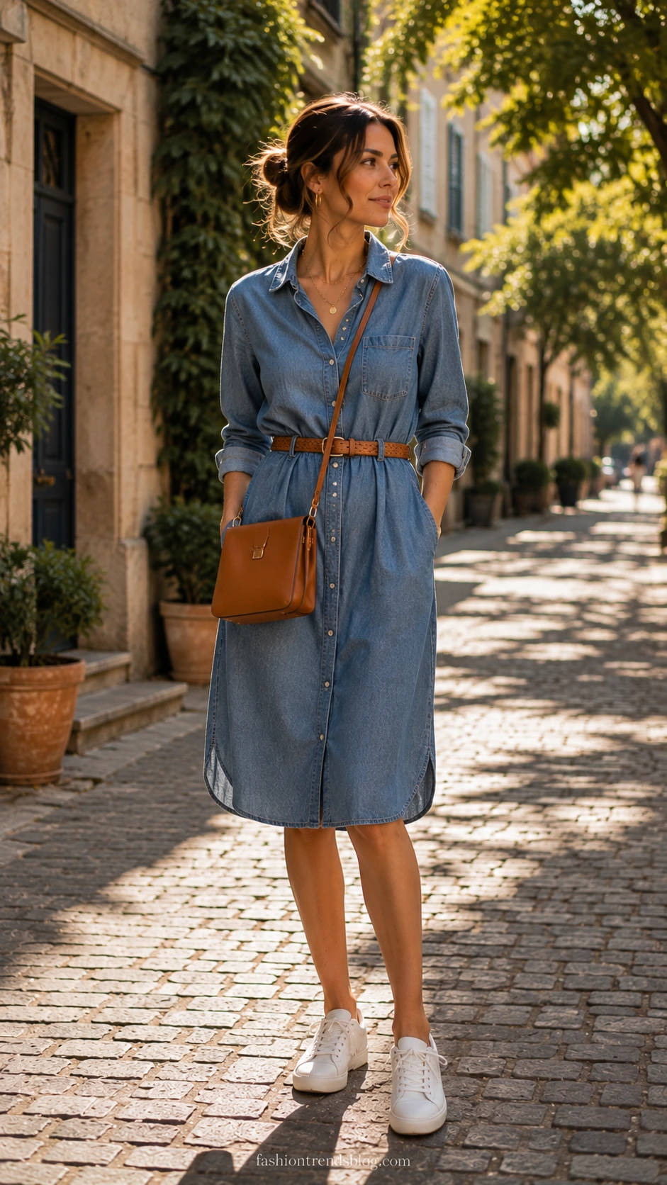 Teacher wearing relaxed-fit chambray shirt dress in soft mid-blue with belted waist and white sneakers on a sun-lit cobblestone street