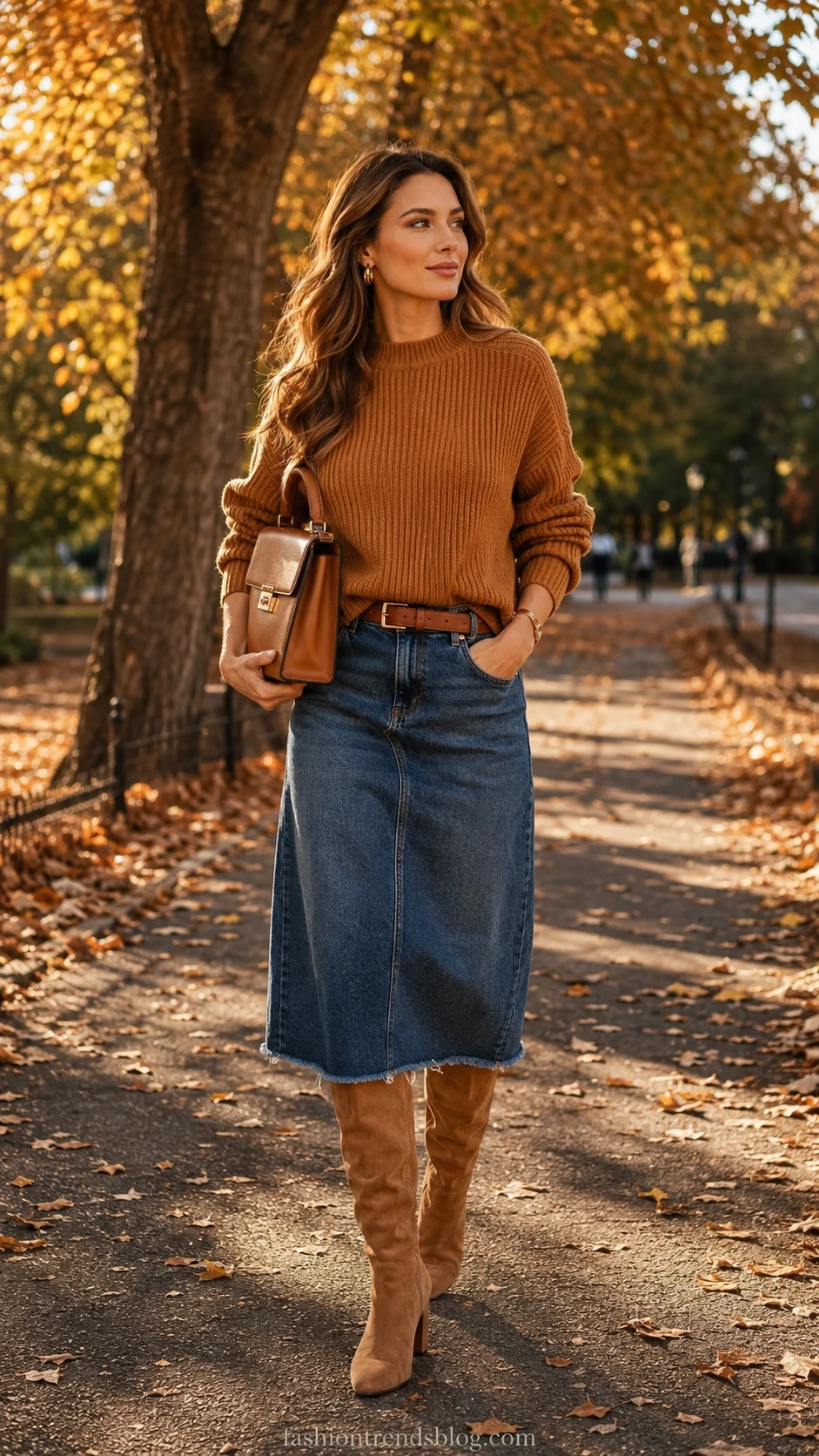 Woman in oversized caramel chunky knit sweater tucked into a midi jeans skirt strolling an amber autumn park path in golden afternoon light