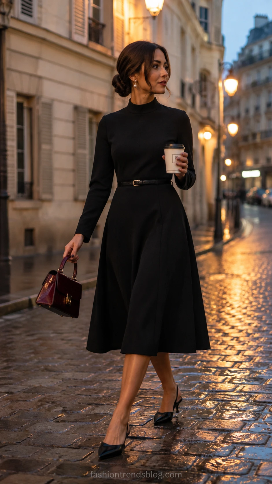 Woman in tailored fit-and-flare little black dress mid-stride on cobblestone street glowing with amber streetlamps at blue-hour dusk — a timeless birthday restaurant outfit elevated for the occasion