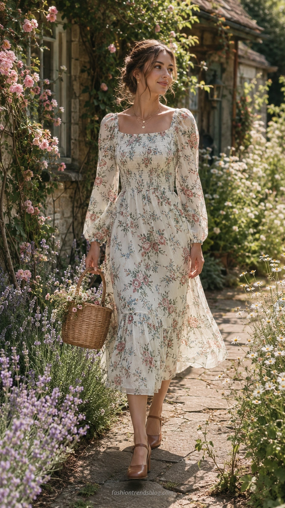 Woman in flowing ivory cottagecore floral midi dress walking a stone garden path lined with climbing roses and lavender for a birthday celebration