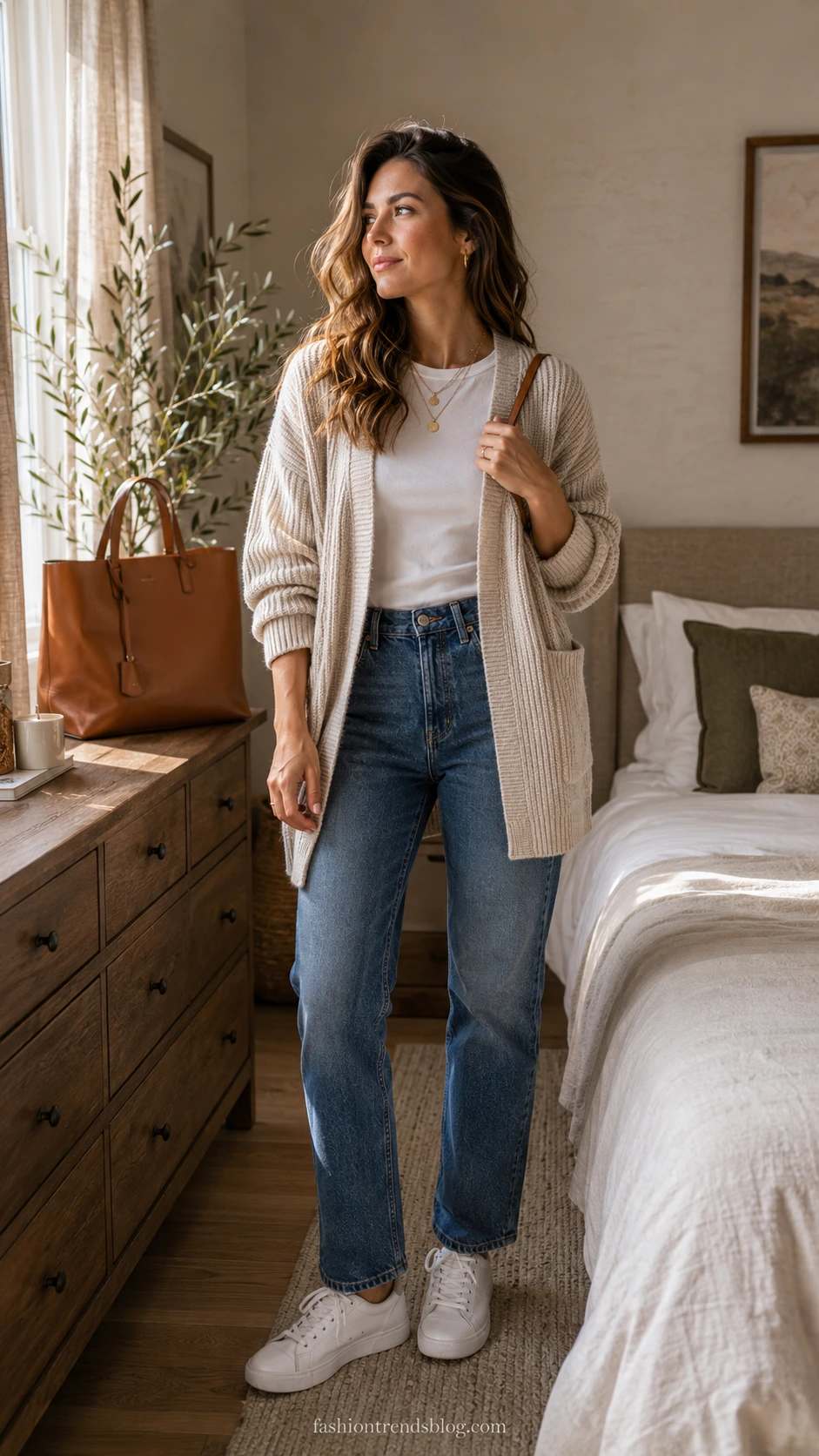 Teacher wearing an oversized oatmeal ribbed cardigan over a white crewneck tee with straight-leg jeans and chunky sneakers for a casual Friday teacher outfit