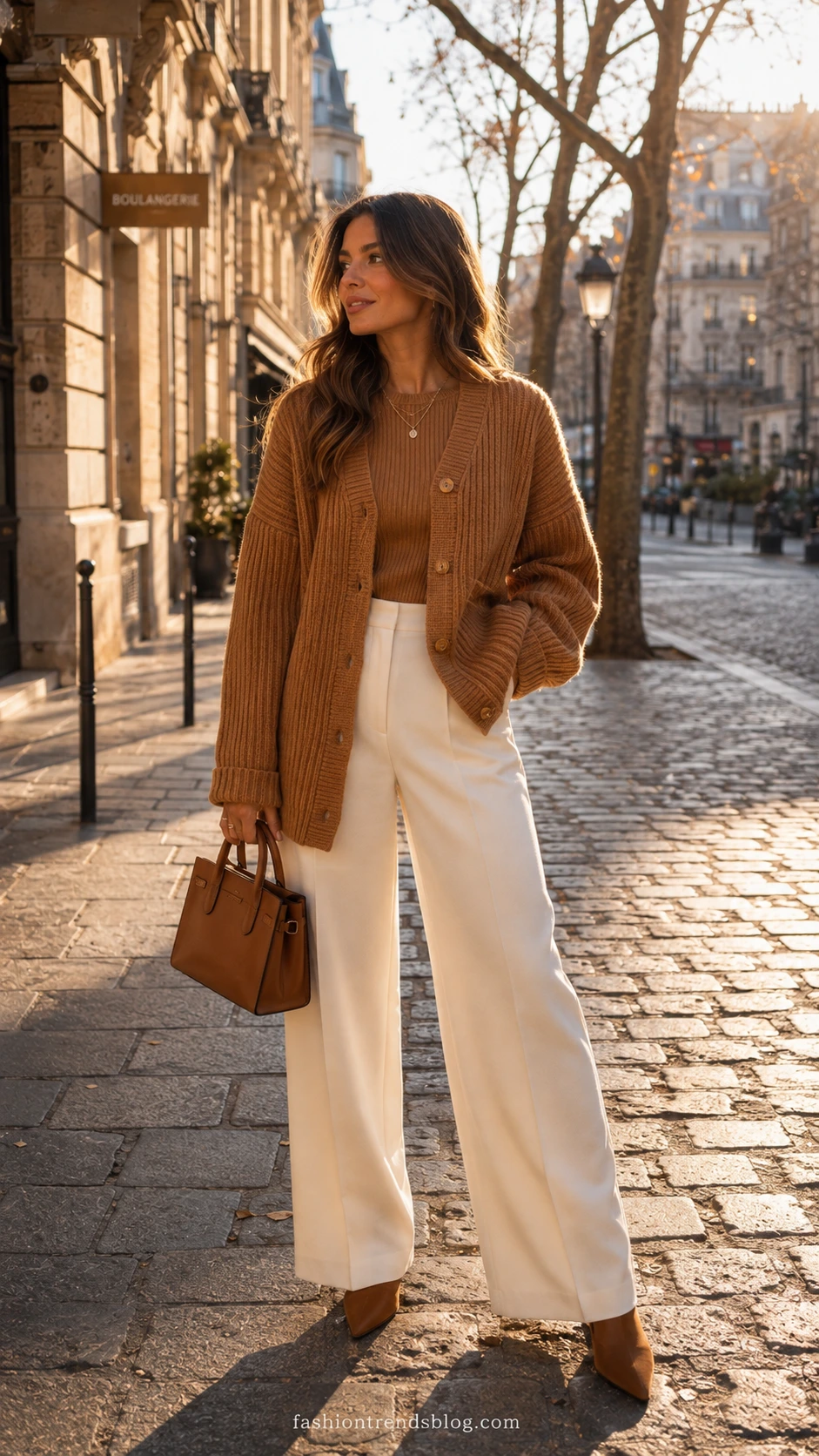 Woman in caramel ribbed-knit cardigan set paired with tailored pants on a sunlit cobblestone street — a polished casual winter birthday outfit