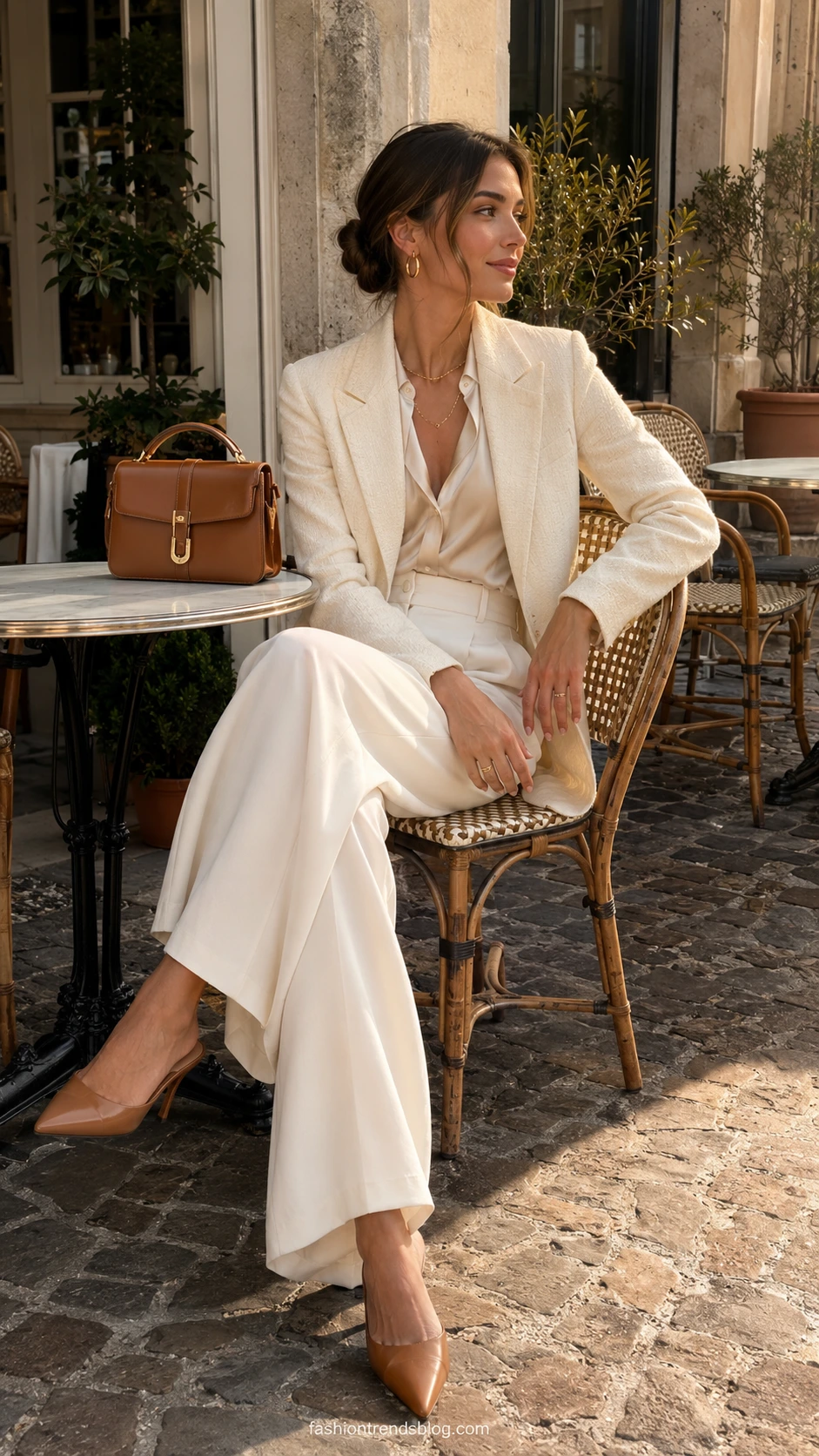 Teacher wearing a cream structured blazer with flowing ivory wide-leg trousers at a sunlit café terrace, showing how elevated neutral tones create a polished classroom look