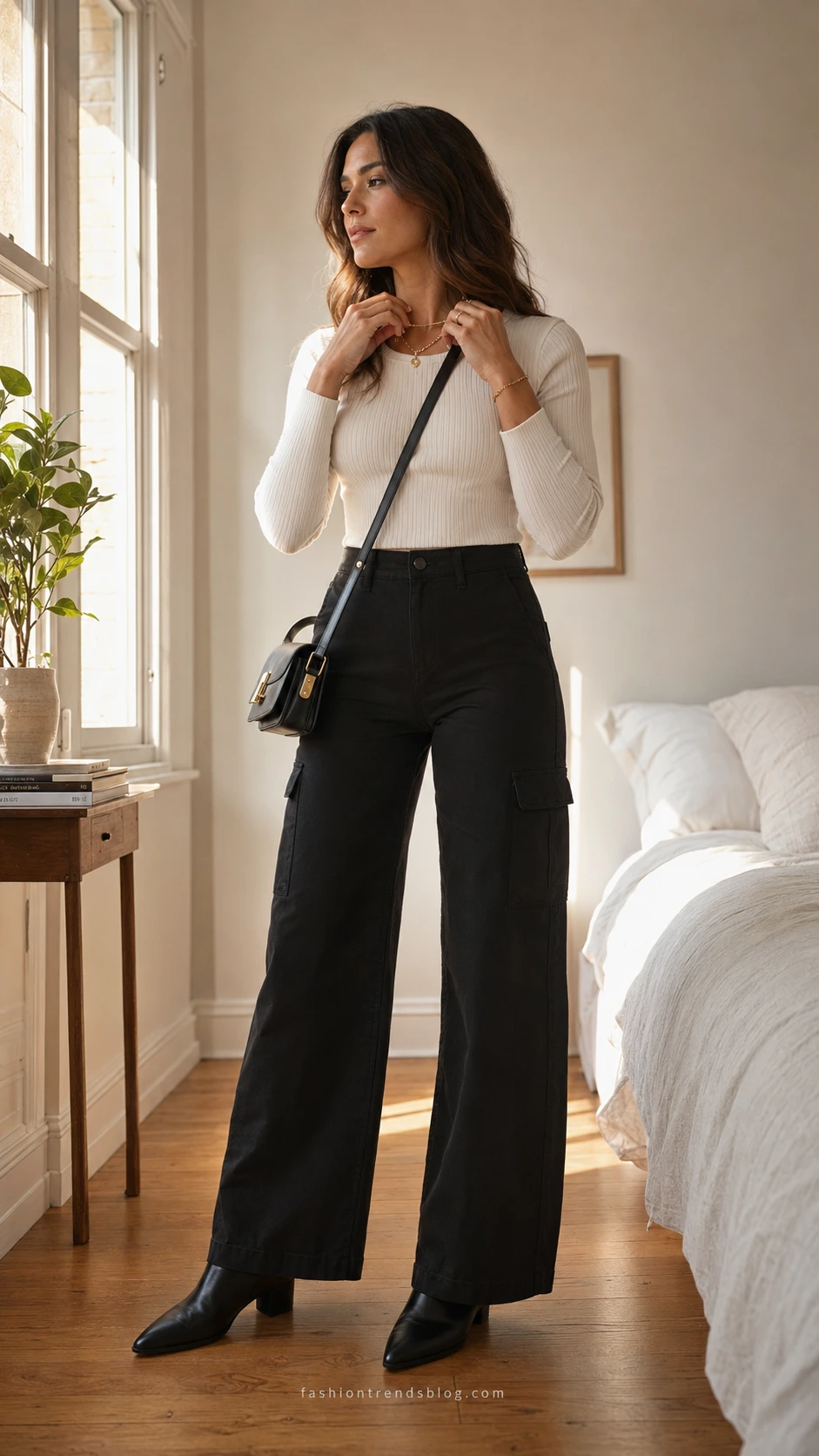 Woman in ribbed knit crop top and high-waisted black cargo pants adjusting gold necklace by a sunlit bedroom window