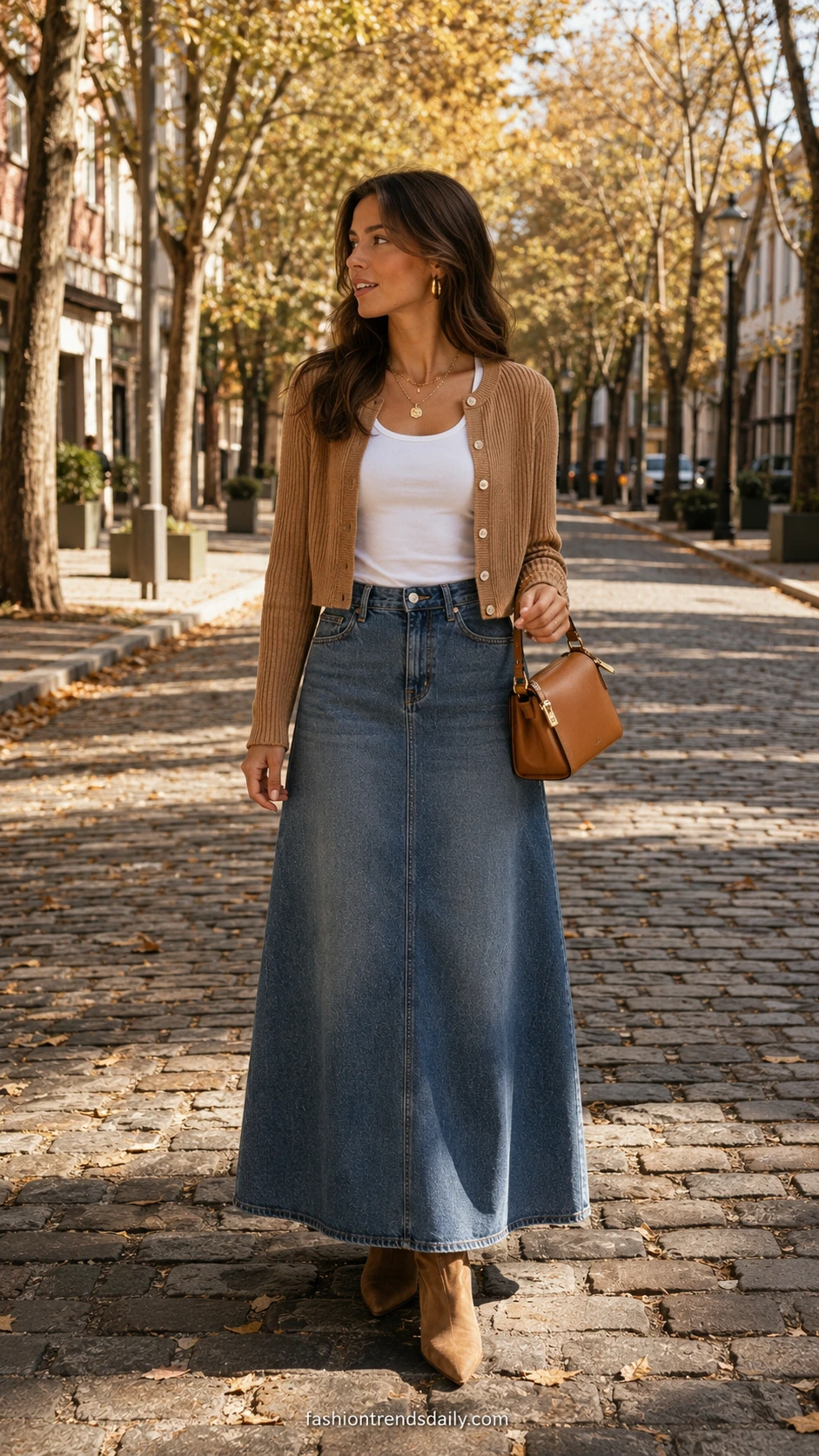 Woman in mid-wash denim maxi skirt paired with a cropped cardigan over a white tank on a sun-dappled cobblestone street in autumn light
