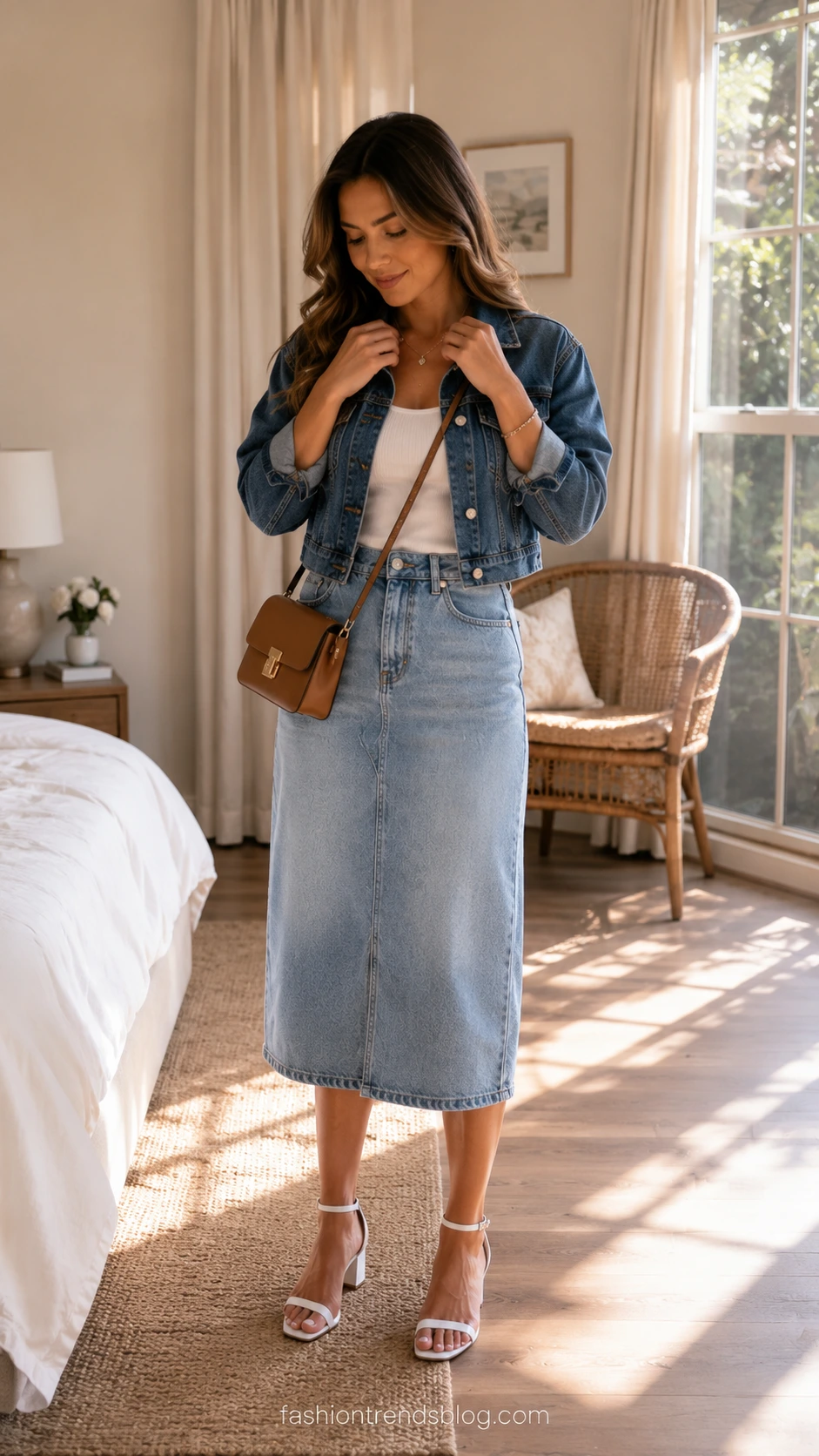 Woman in light-wash A-line jeans skirt layered with a cropped denim jacket over a white ribbed tank, styled for a casual summer outfit