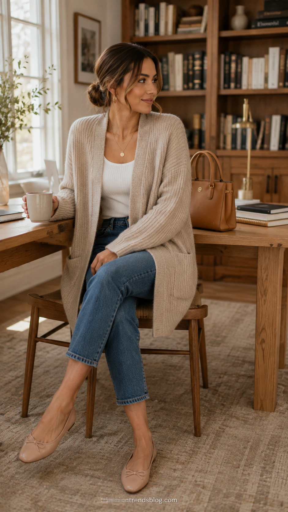 Teacher wearing cropped medium-wash jeans, long cardigan, and ballet flats seated at oak desk with books and mug nearby