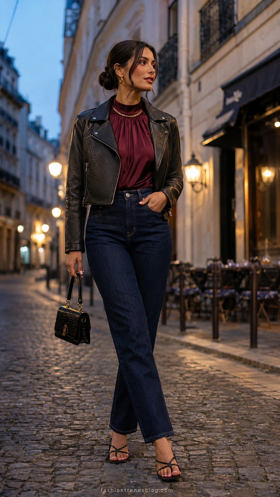Woman in cropped black leather jacket, straight jeans, and going-out top walking cobblestone street at blue hour — elevated birthday jeans outfit