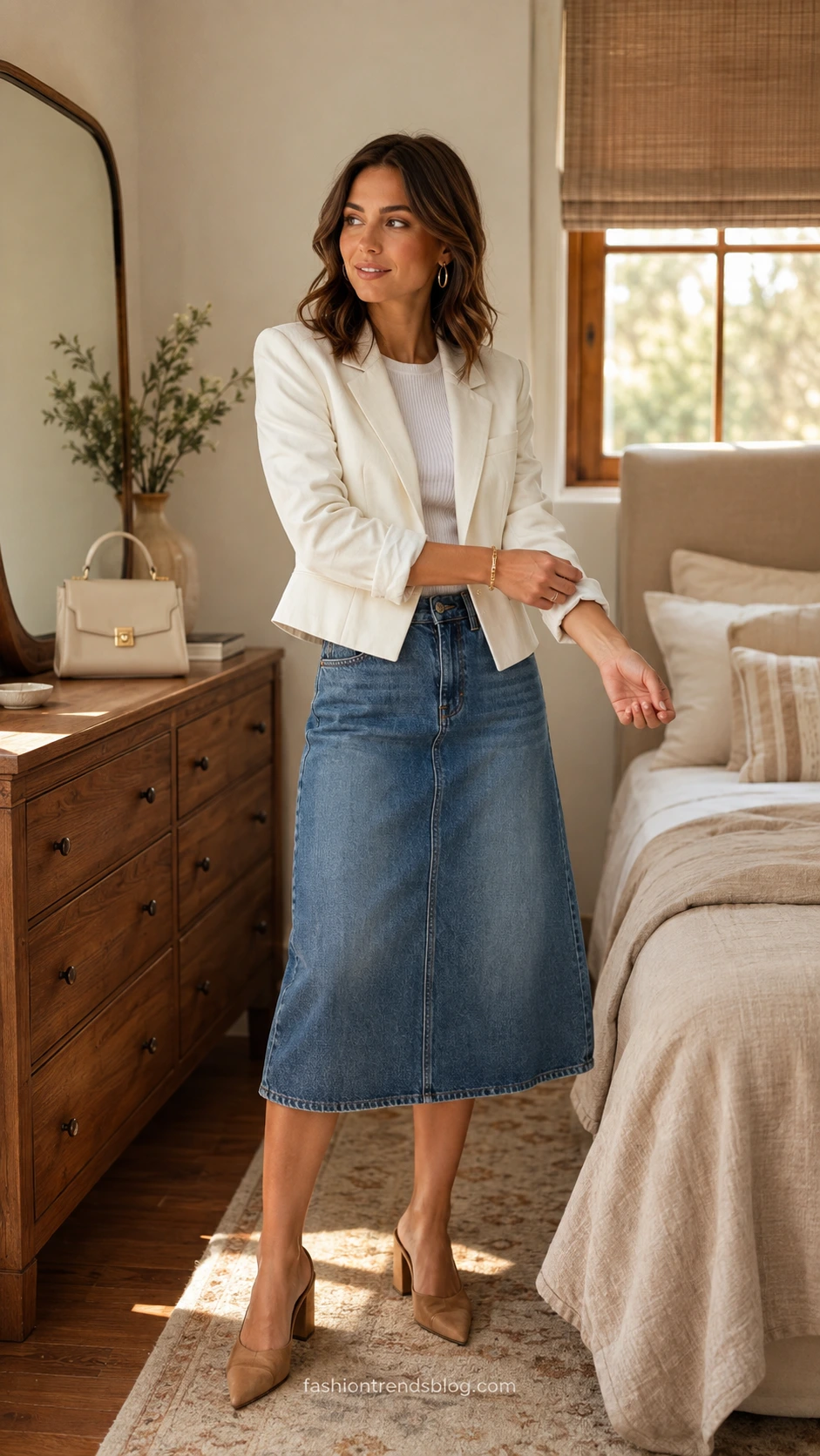 Woman in ivory cropped linen blazer and midi jeans skirt adjusting her sleeve in golden morning bedroom light