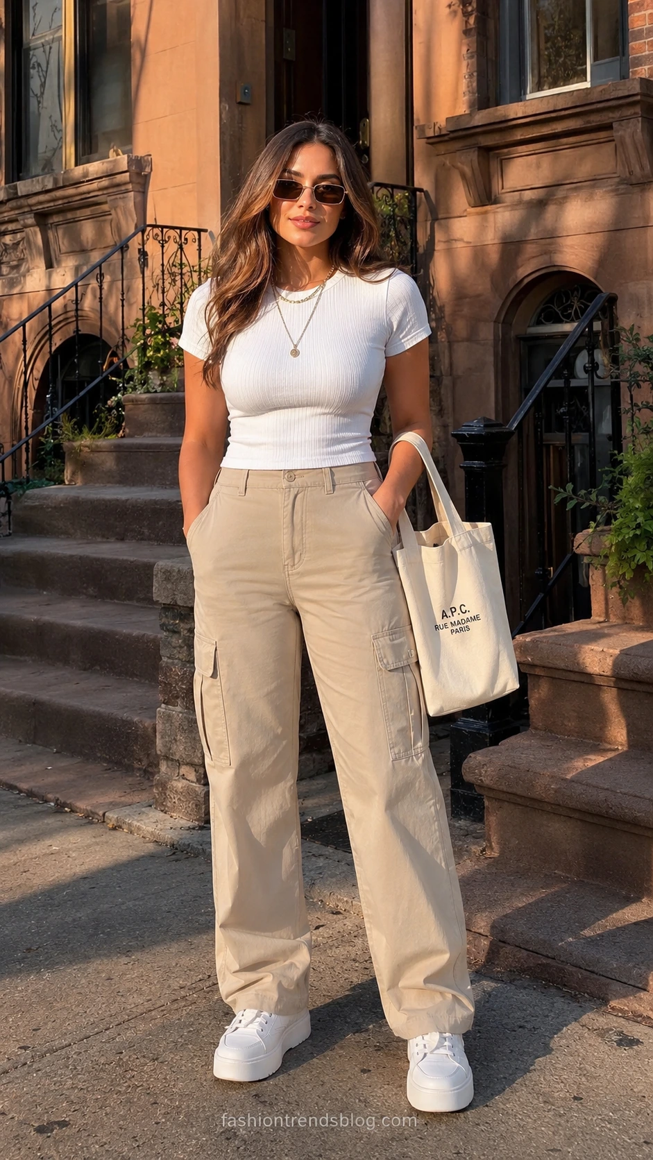 Woman in beige cargo pants and cropped white tee styled with chunky white sneakers on a sunlit Brooklyn brownstone stoop