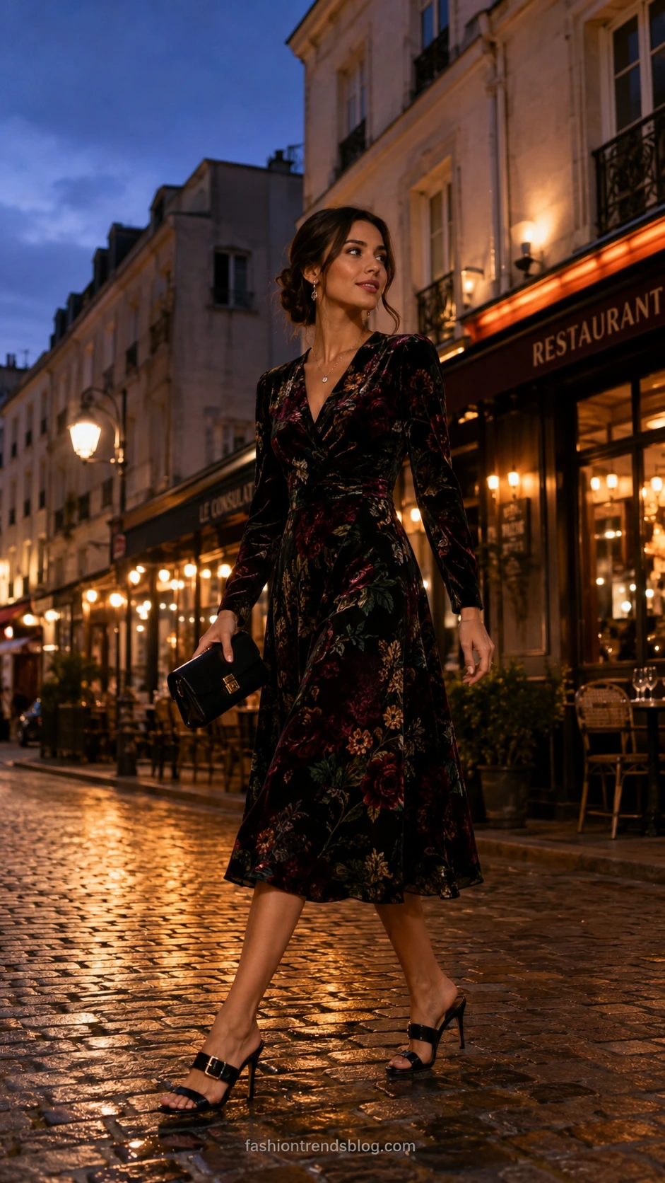 Woman in dark floral midi dress with burgundy and forest green botanical print, fitted velvet-textured bodice and flowing A-line skirt for an evening birthday dinner