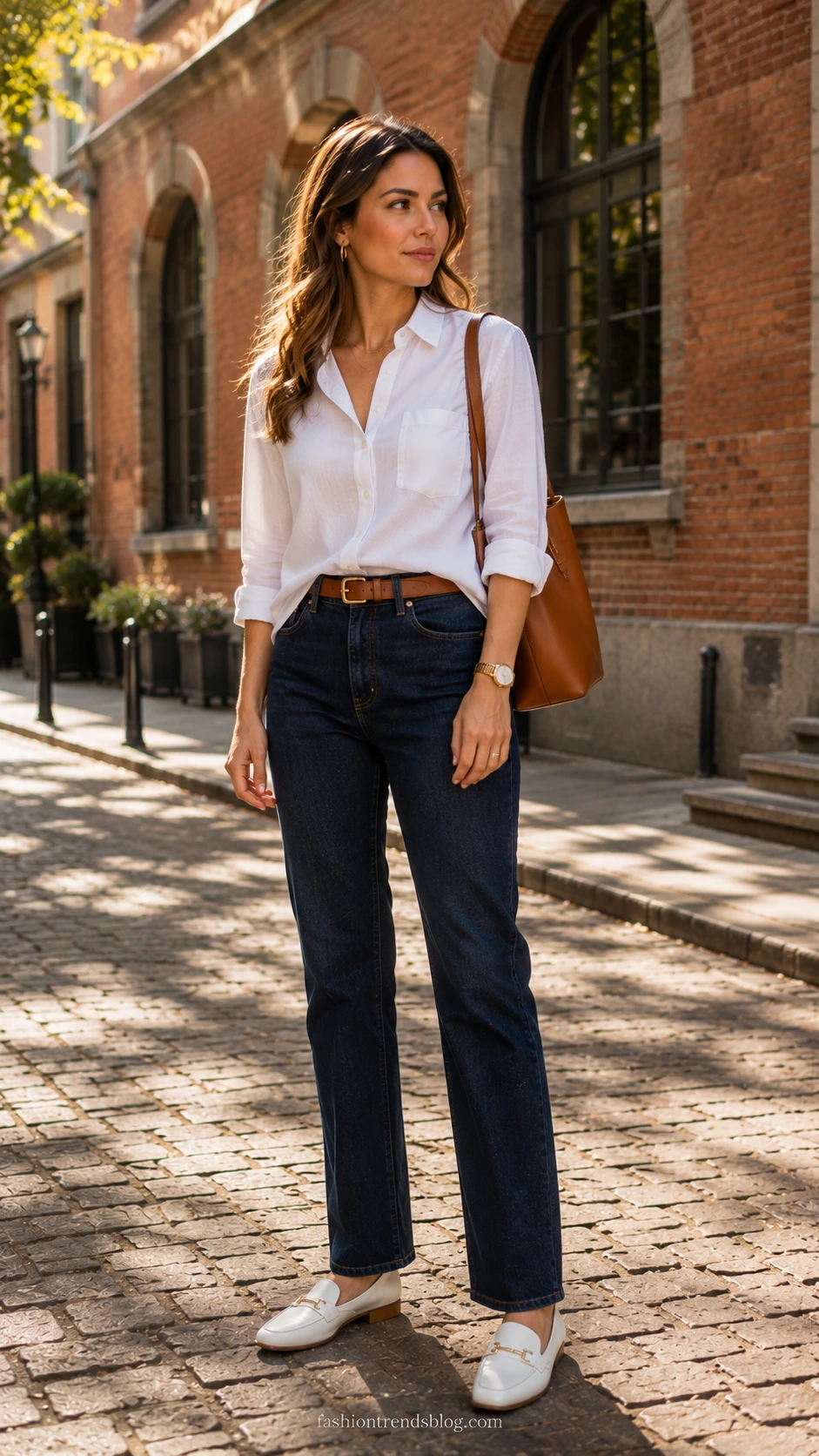 Teacher in dark wash straight-leg jeans and crisp white button-down shirt standing on sunny cobblestone street — a polished casual Friday outfit