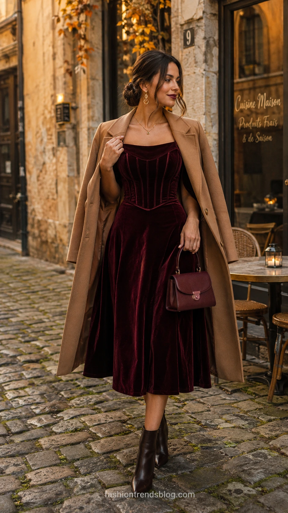 Woman in deep burgundy velvet corset dress standing on cobblestone street in golden autumn light, a rich birthday outfit choice