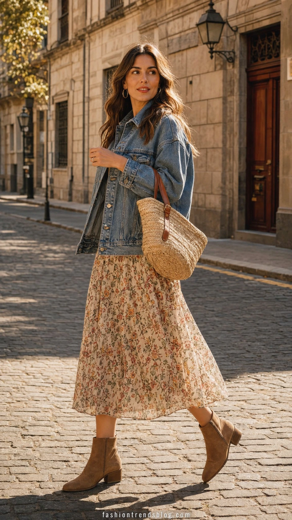 Woman wearing a vintage-wash denim jacket layered over a floral midi skirt on a sun-lit cobblestone street, capturing effortless boho denim style