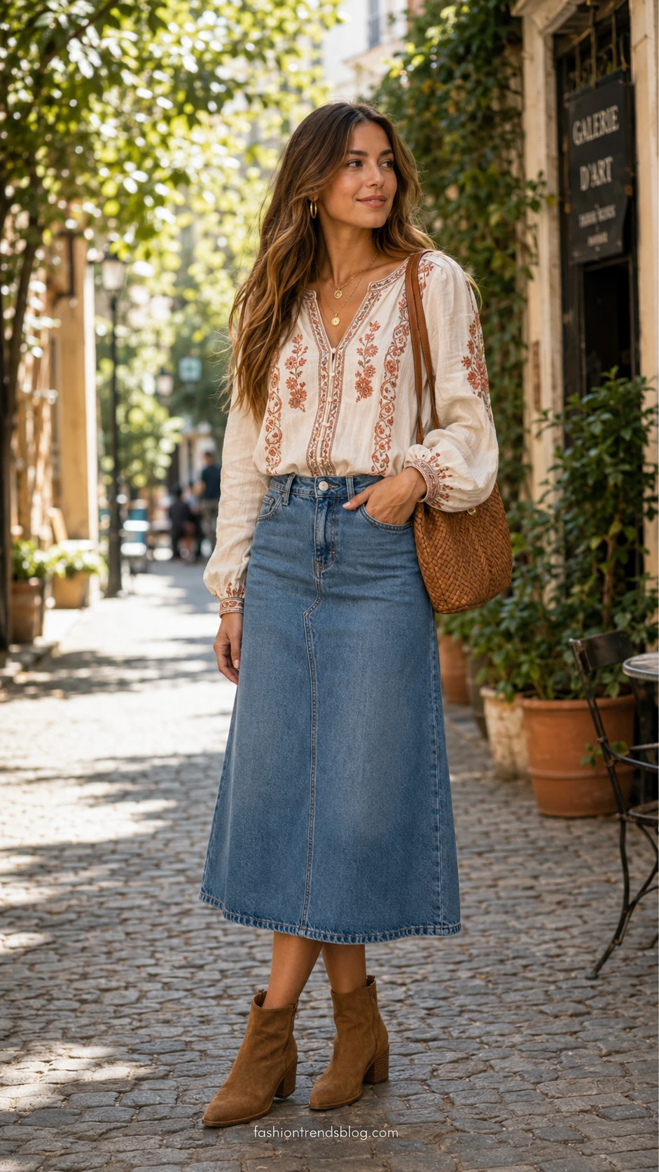Woman in medium-wash denim midi skirt and cream terracotta embroidered blouse on a sun-lit European cobblestone street, a boho brunch outfit that feels effortlessly chic