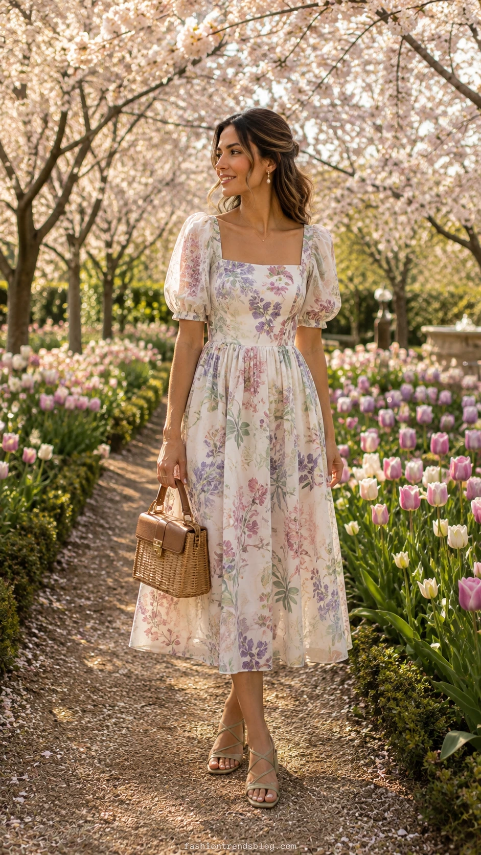 Woman in watercolor lavender floral midi dress standing on a blooming garden path with pastel tulips and cherry blossoms for a spring birthday look