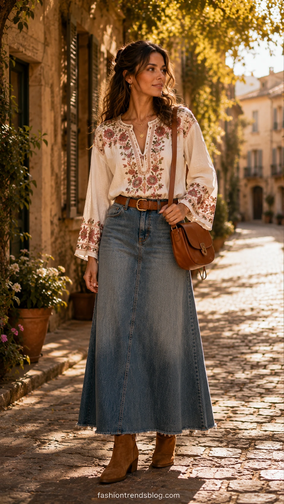 Woman in ivory embroidered peasant blouse and denim maxi skirt on sun-lit cobblestone street, a perfect boho chic outfit for warm afternoons