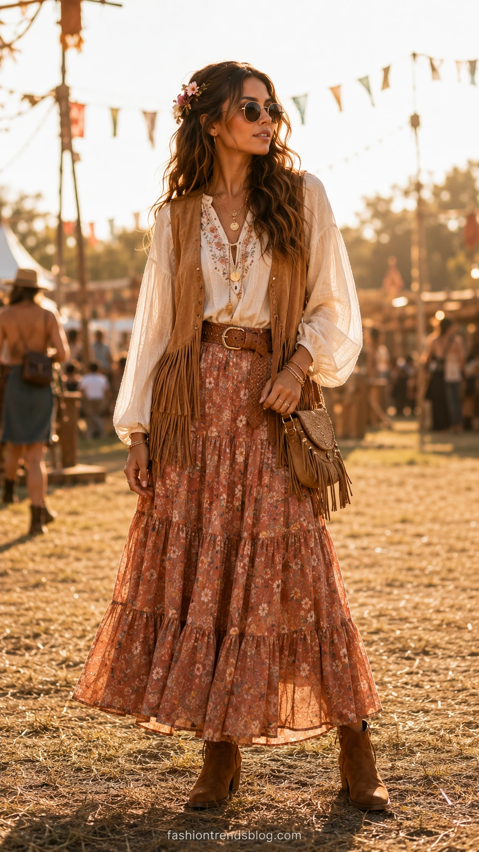 Woman in festival-ready boho chic outfit layering fringe jacket, floral dress, and earthy accessories in golden hour sunlight at outdoor music grounds
