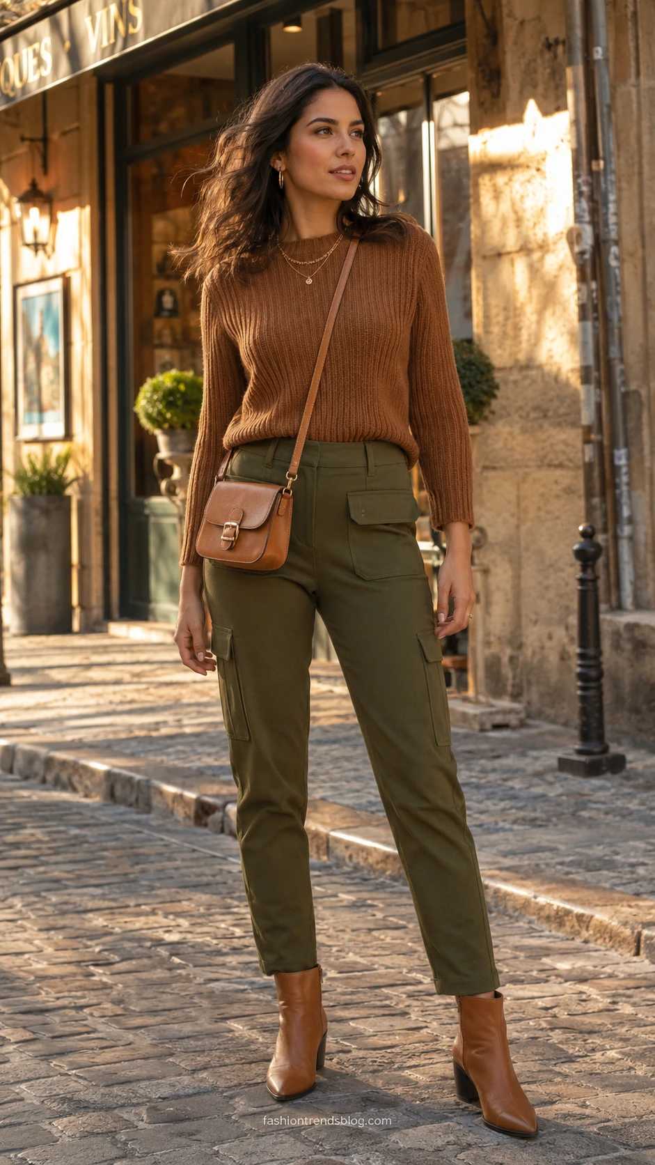 Woman wearing a fitted cropped ribbed caramel knit sweater with cargo pants on a sunlit cobblestone street, showing how dressy cargo pants outfits can feel polished and effortless