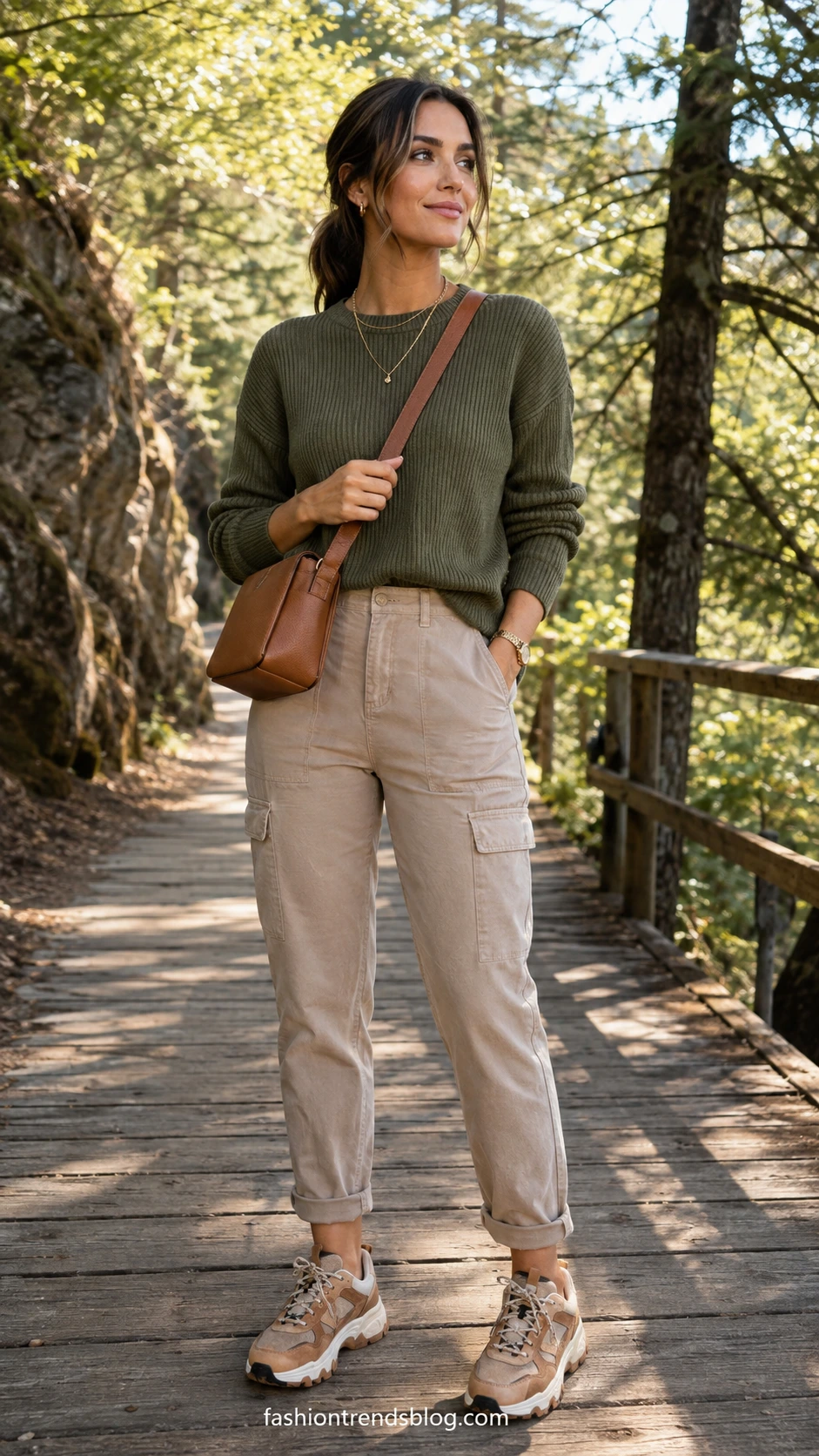 Woman wearing fitted olive green ribbed crewneck tucked into beige cargo pants with hiking sneakers on a sunlit forest trail boardwalk