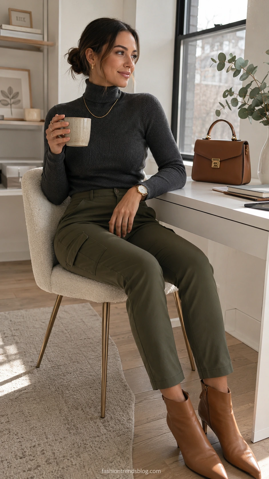 Woman in fitted charcoal ribbed turtleneck tucked into slim olive cargo pants, seated at a minimalist desk — a sleek street style cargo pants outfit