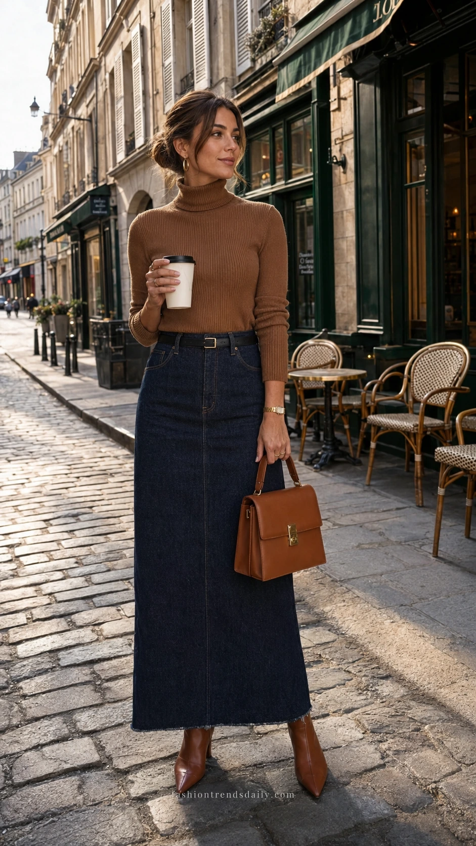 Confident woman in a fitted camel ribbed turtleneck tucked into a dark indigo straight-cut denim maxi skirt on a sunlit European cobblestone street