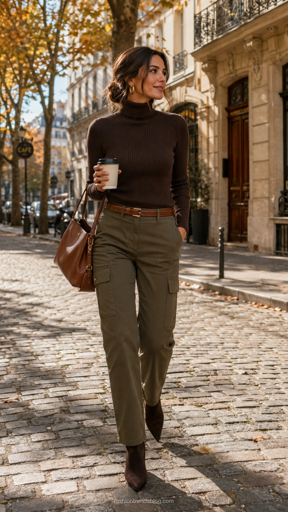 Woman in fitted black turtleneck and straight leg cargo pants walking confidently on sunlit cobblestone street, a polished dressy cargo pants outfit for fall
