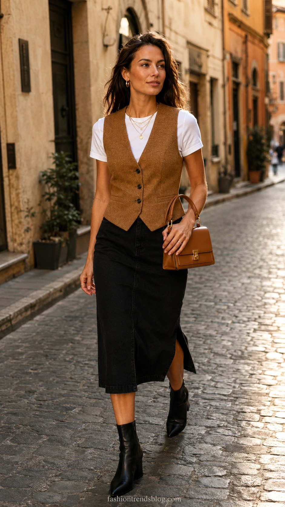 Woman in black jeans skirt paired with a fitted vest layered over a white t-shirt, walking confidently on a cobblestone European street in golden-hour light