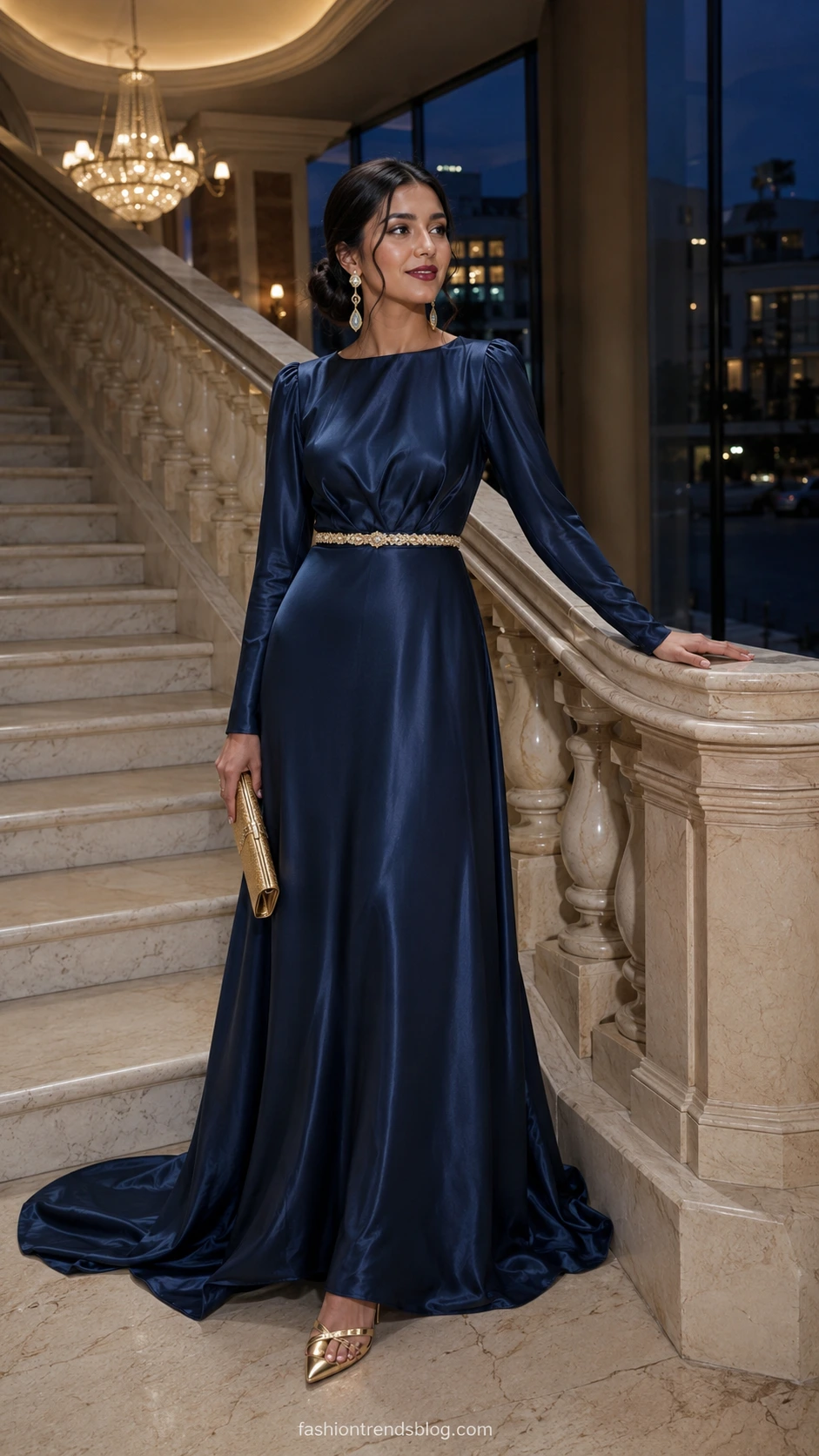 Woman in floor-length midnight navy satin gown standing at grand marble staircase in elegant hotel lobby, the perfect milestone birthday restaurant outfit