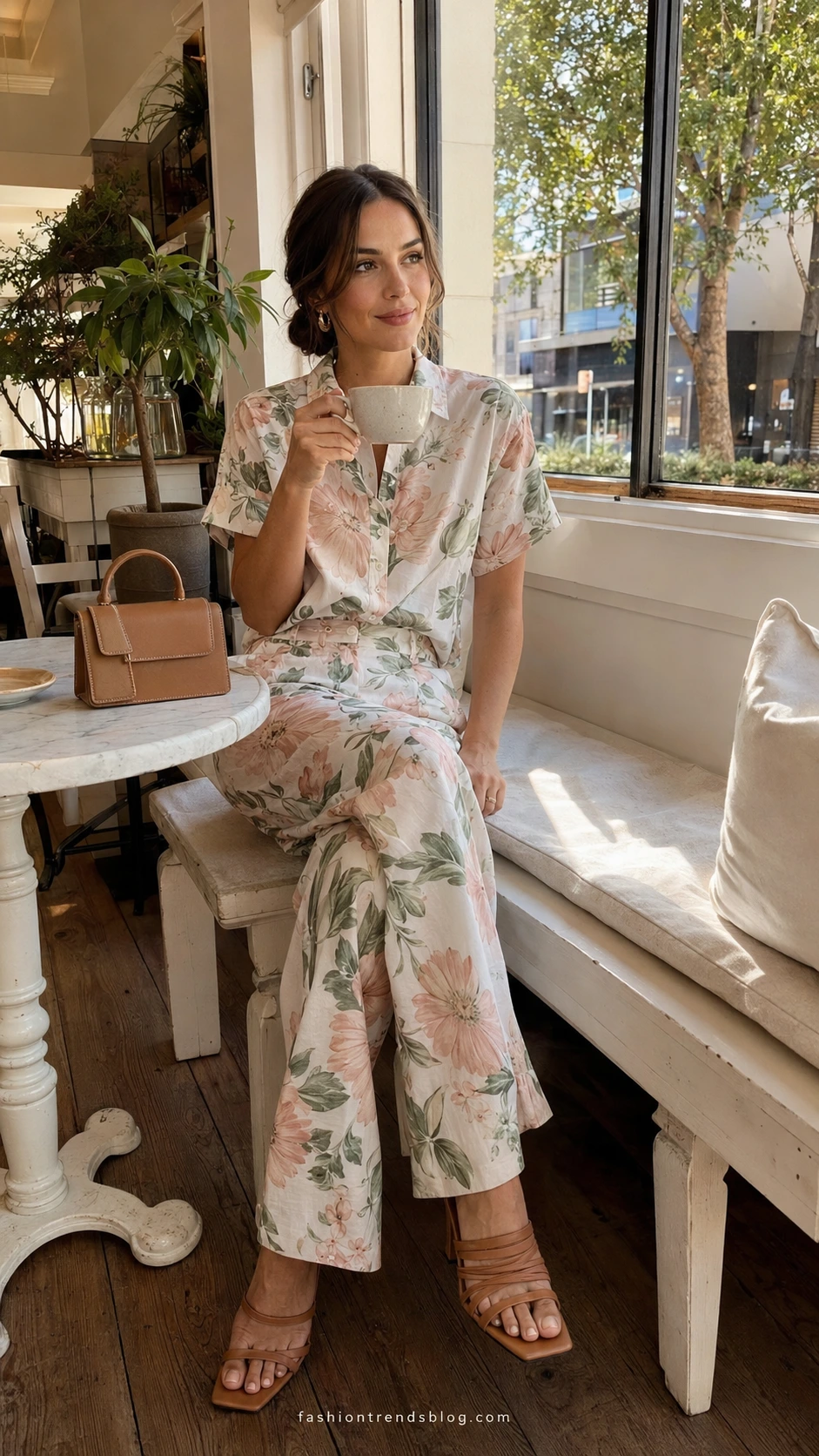 Woman in matching floral co-ord set with wide-leg trousers and boxy blouse seated at a sunlit café window, the perfect casual floral birthday outfit for brunch