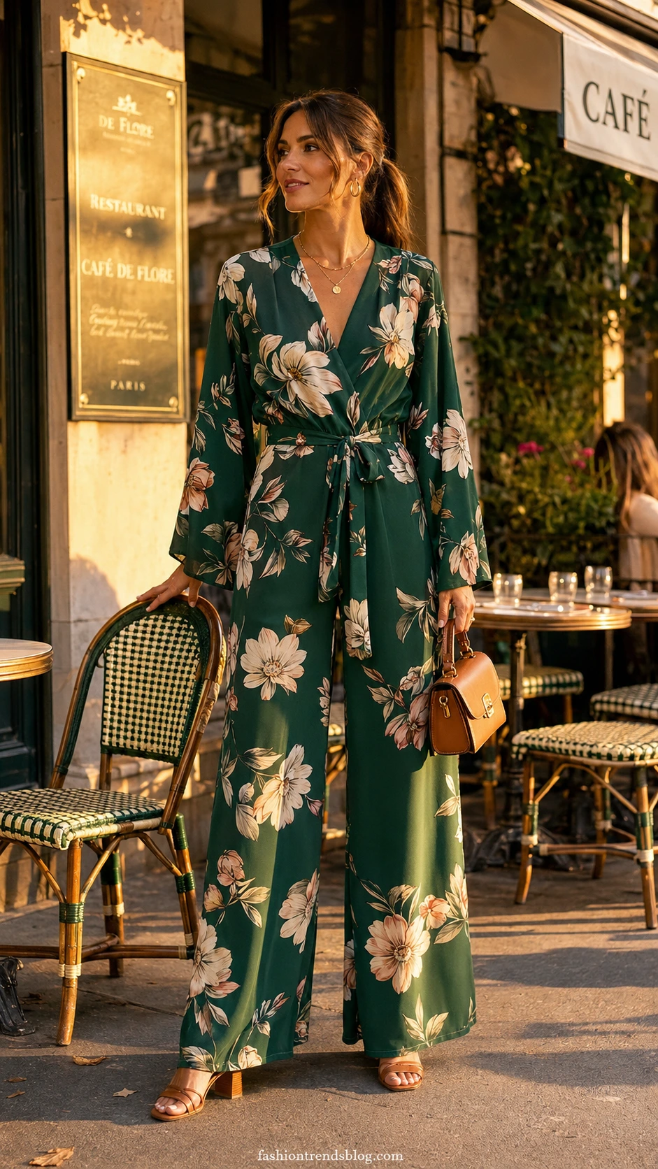 Woman wearing a deep emerald green wide-leg floral jumpsuit with ivory and blush botanical print and tie waist, a chic birthday outfit alternative to dresses