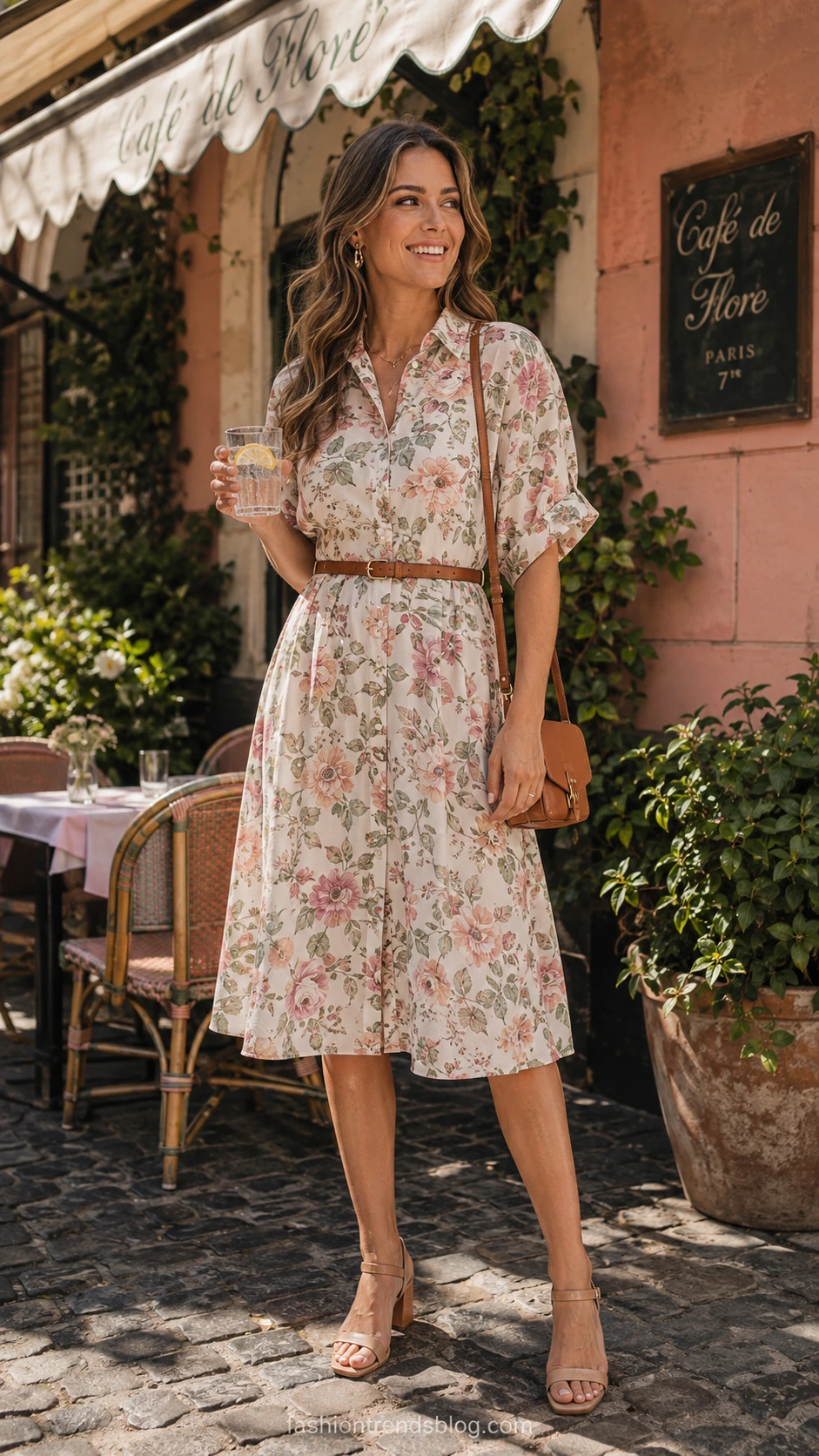 Woman wearing a floral cotton shirt dress at a sunny European café terrace, a polished yet relaxed floral birthday outfit for daytime lunch