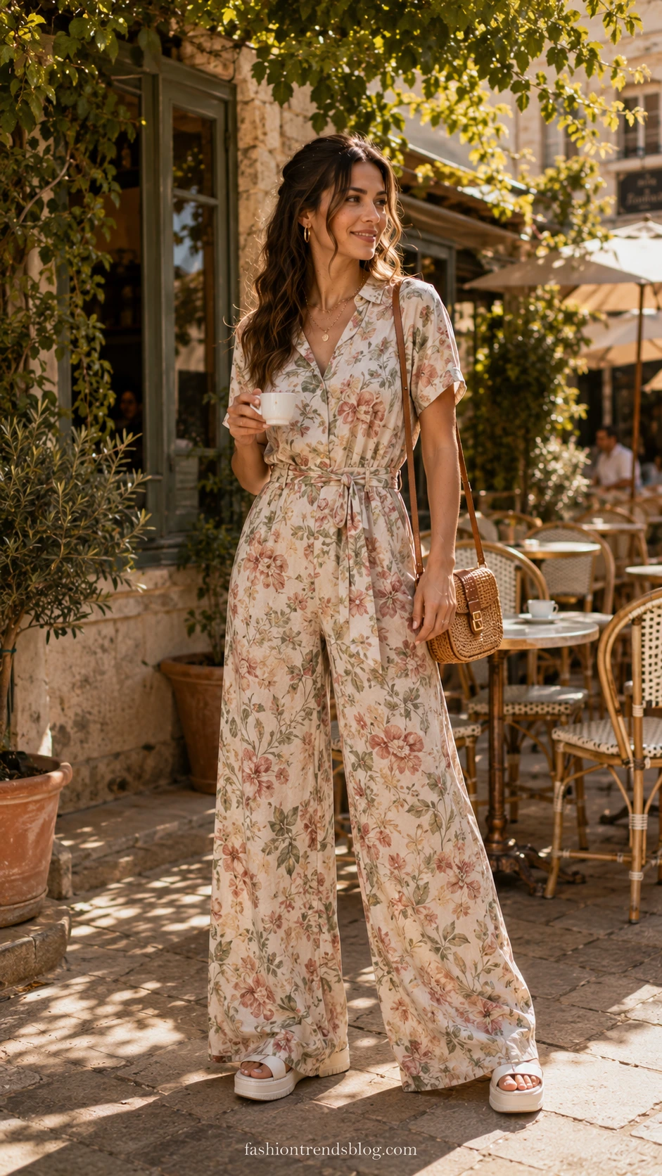 Teacher wearing a flowy floral wide-leg jumpsuit in ivory with sage, blush, and terracotta blooms, styled with white chunky platform sandals for a polished classroom look