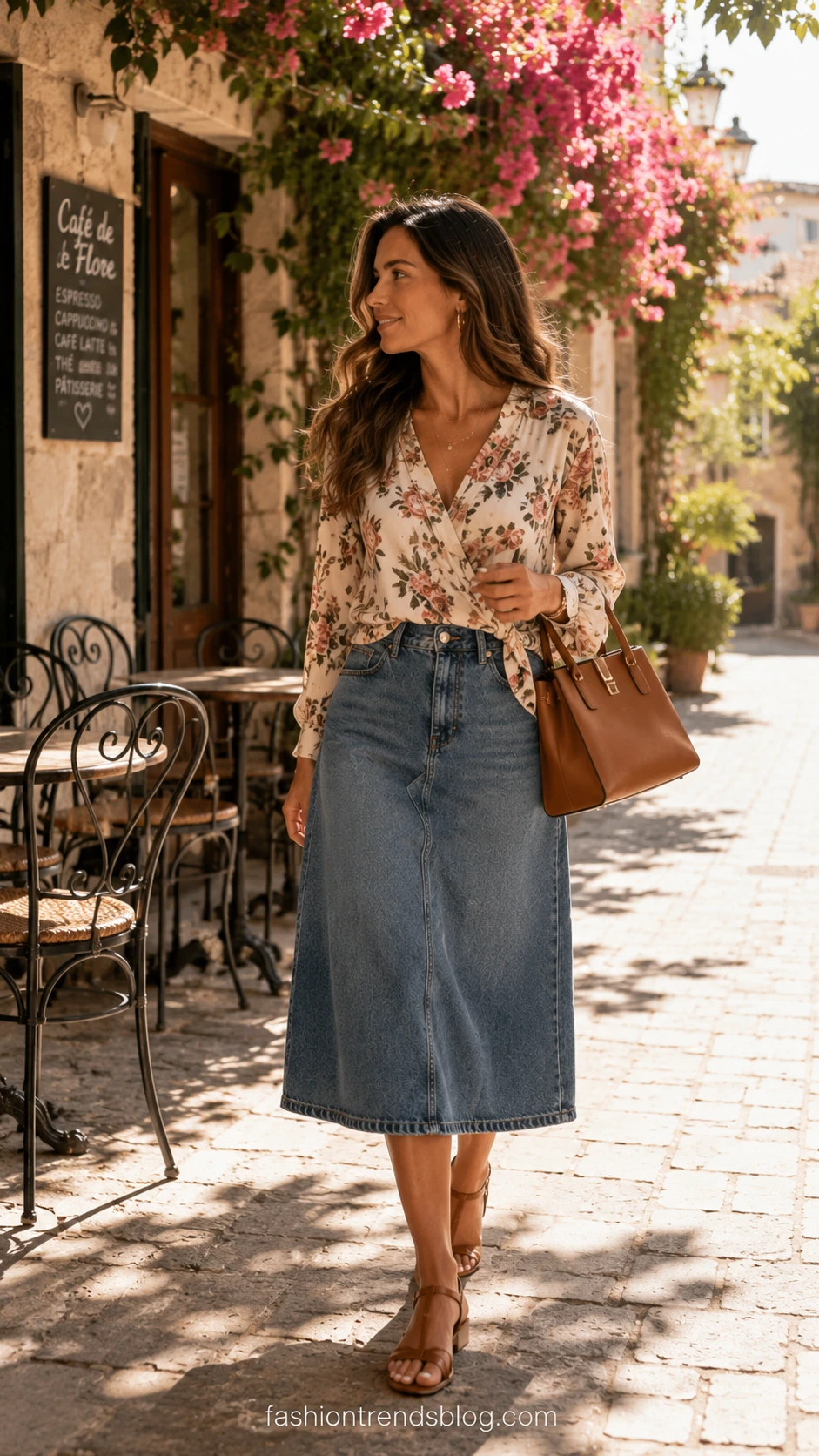 Woman in floral wrap top and denim skirt walking past sunlit European café terrace with bougainvillea, effortless jeans skirt outfit for summer