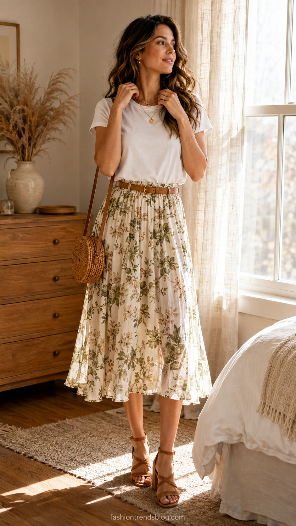 Woman in flowy floral midi skirt with ivory botanical print paired with a plain white tee, styled with gold jewelry in a sunlit boho bedroom