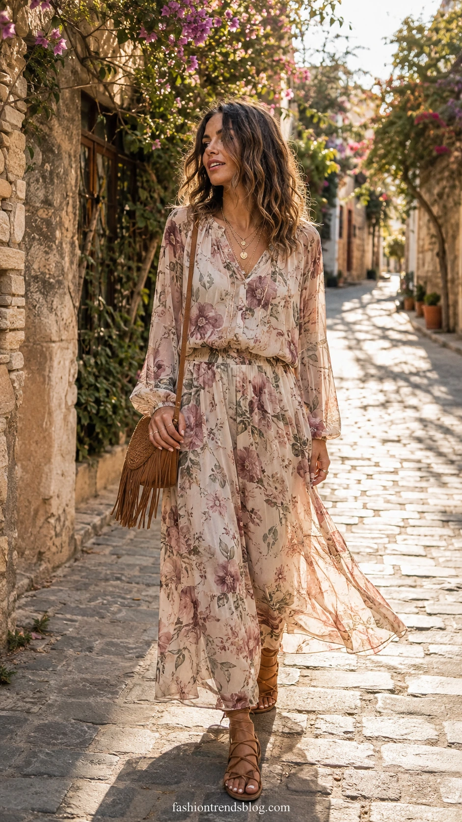 Woman wearing a flowy floral two-piece set with a relaxed crop blouse and wide-leg maxi skirt in dusty mauve, ivory, and sage chiffon for a boho festival outfit