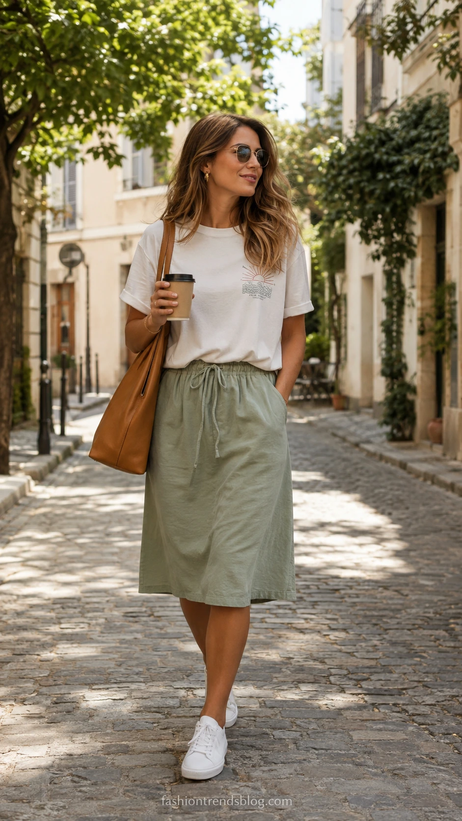 Teacher wearing oversized graphic tee tucked into a flowy drawstring midi skirt, walking a sunlit cobblestone street — a polished casual Friday outfit