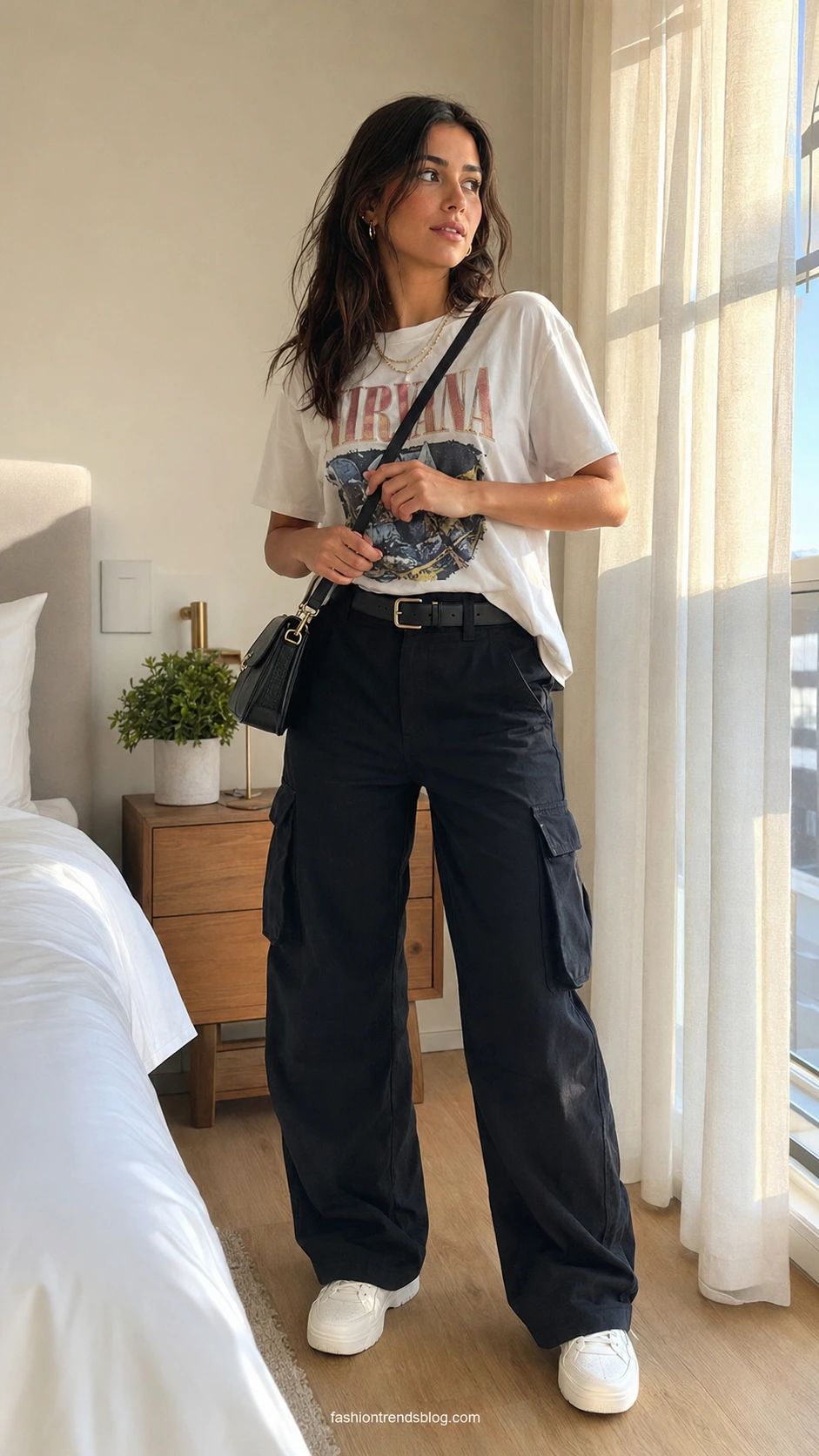 Woman half-tucking a vintage graphic tee into loose high-rise black cargo pants with utility pockets, a cool street style outfit idea
