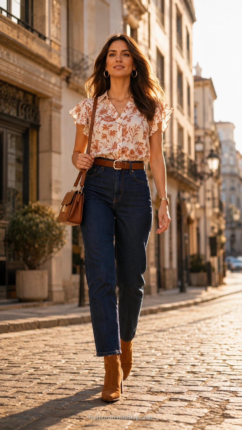 Teacher wearing high-waisted dark indigo jeans with a printed blouse on a sunlit cobblestone street, a polished teacher outfit with jeans done right