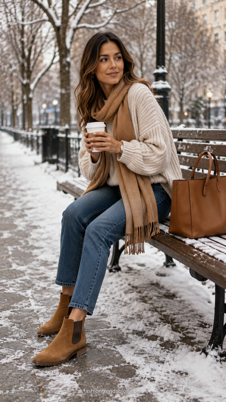 Teacher sitting on snowy park bench in oversized oatmeal chunky knit sweater and jeans, cradling a takeaway coffee — cozy winter teacher outfit inspo