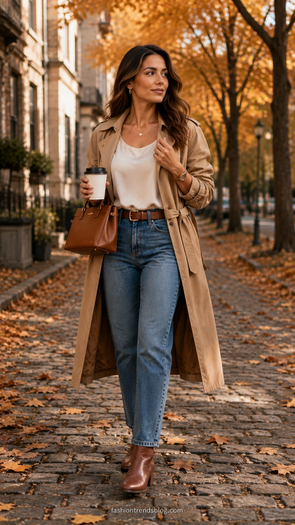 Teacher wearing medium-wash straight-leg jeans, sleeveless blouse, and belted trench coat on a leaf-covered cobblestone path in autumn afternoon light