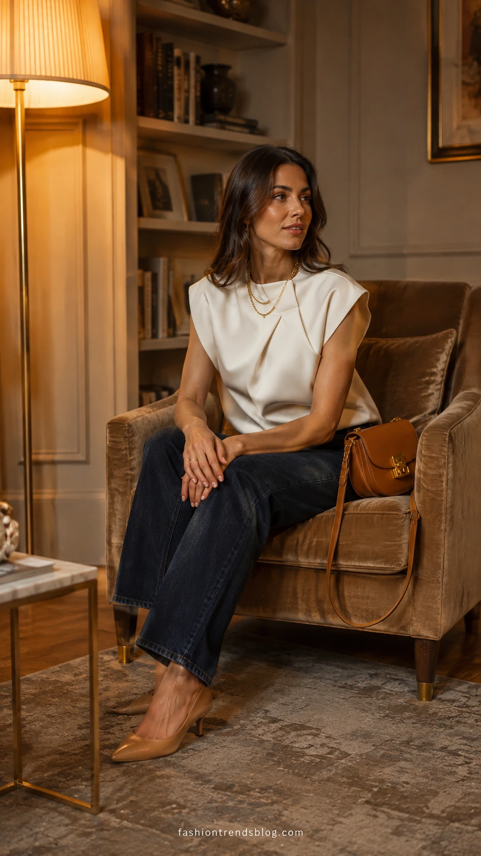 Woman in dark indigo jeans and structured statement top seated in velvet armchair, a polished birthday dinner outfit idea for elevated casual style