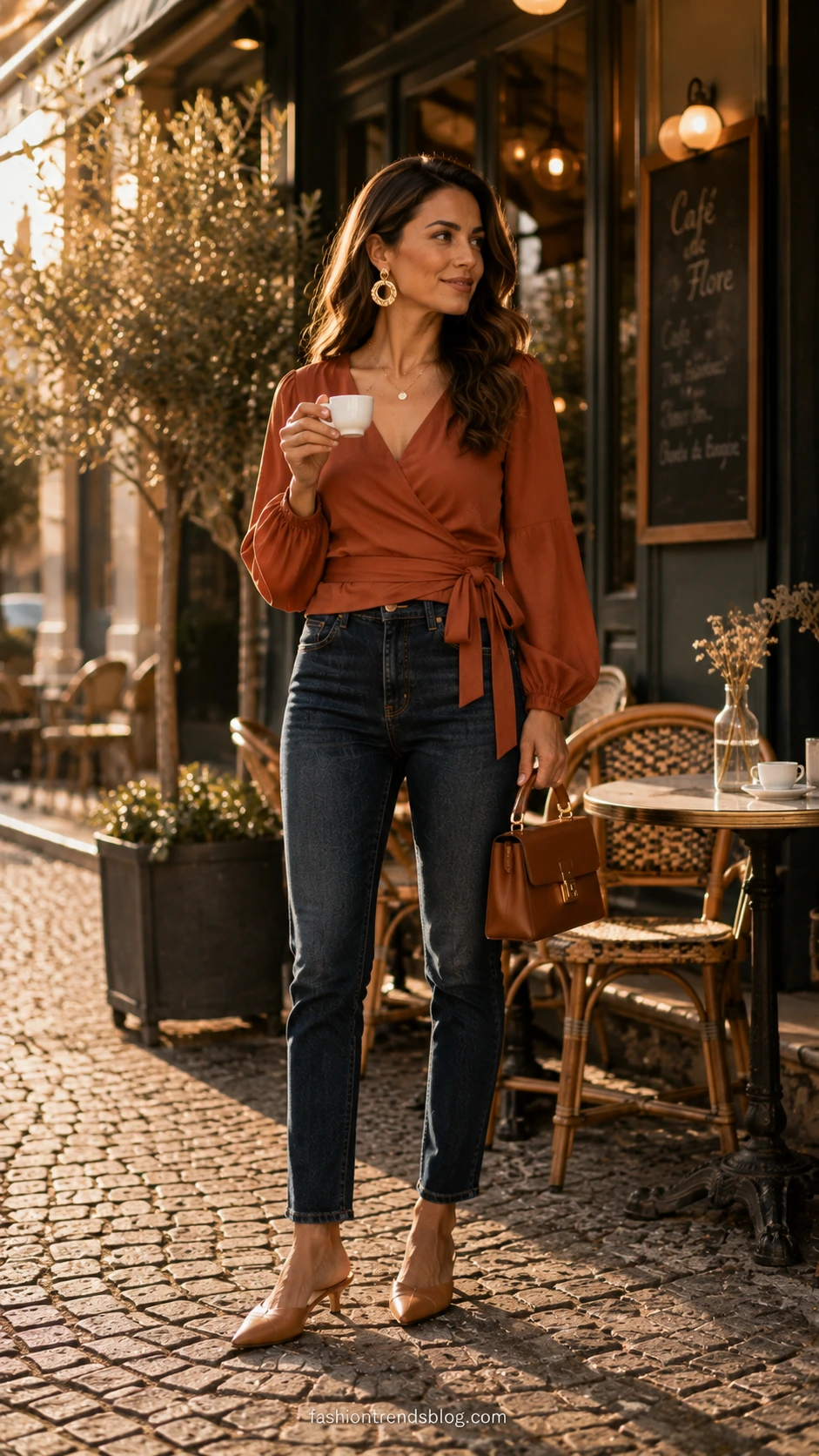 Teacher wearing dark indigo straight-leg jeans with a terra cotta wrap top and statement earrings, a polished classroom-ready outfit that balances style and professionalism
