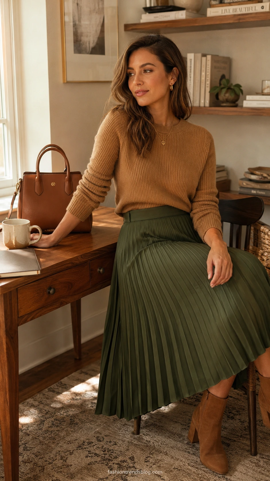 Teacher wearing a caramel ribbed knit sweater tucked into a pleated skirt, seated at a wooden desk in warm afternoon light — an effortless casual Friday teacher outfit
